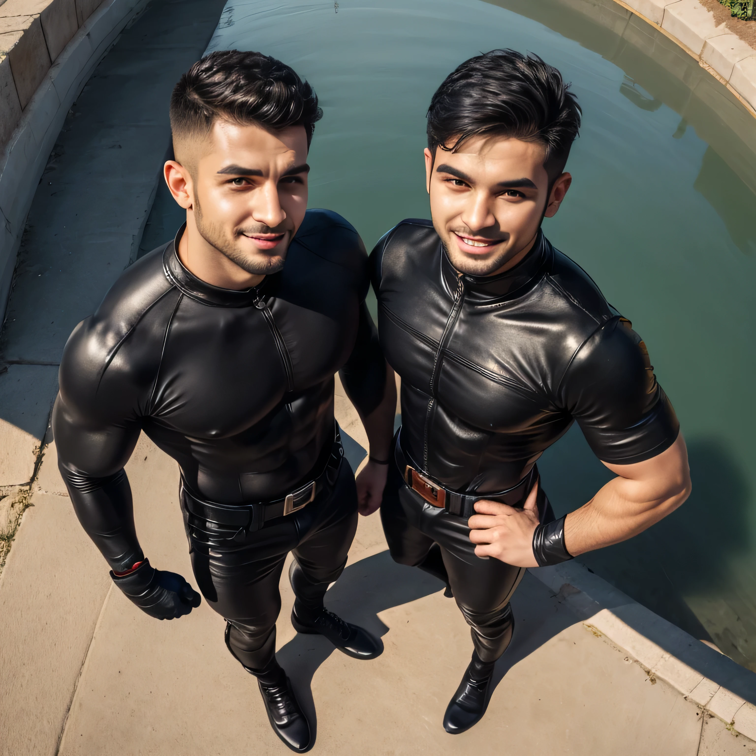 Generate a picture showing only boys. Dont show women or girls. The scene is : chubby male gay boy with big ass and 14 years oldring tight colored latex, riding horse in paradisiac garden of moroccan garden. Wet bodies. No girls or women in the scene just chubby male boys. Full body lenght shot. Best quality, 4k, beautiful boys, hyper realistic, ultra detailed faces