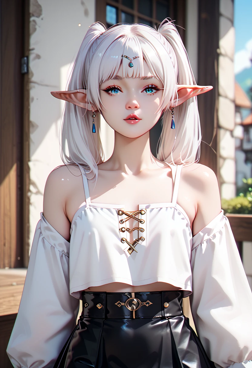 (masterpieces)(beutiful face)(high-resolution) Frieren, off-shoulder, femboy concept, wear Tight short skirt, white twintail hair, elf ear, Strict, sousou_no_frieren, 