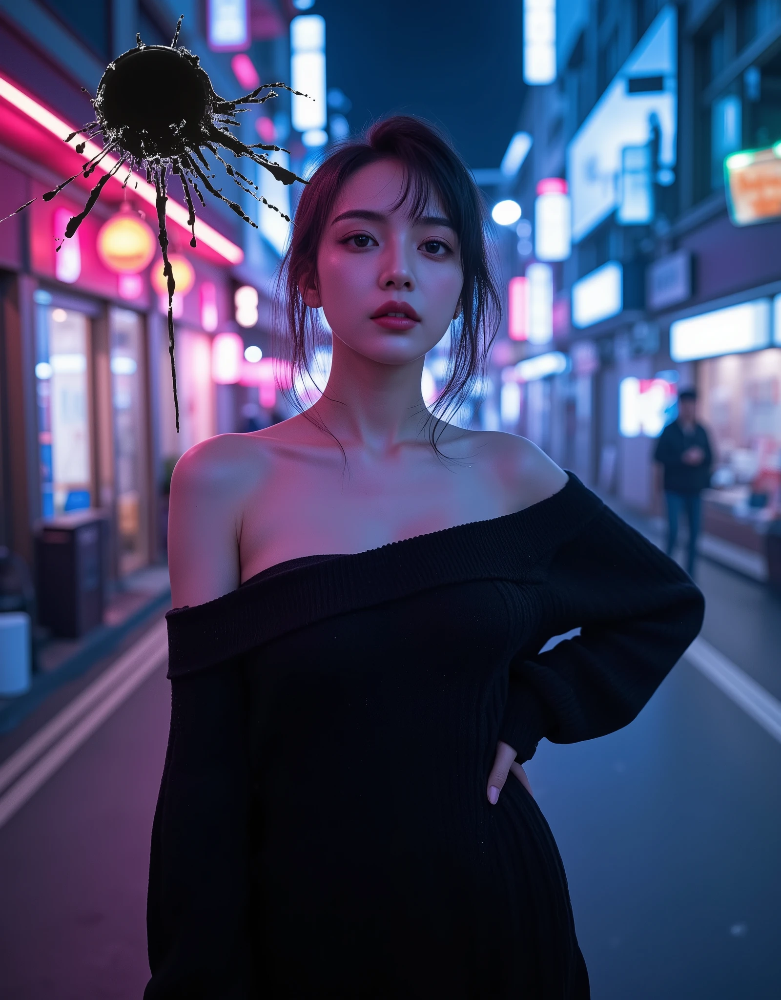 4K ultra - clear、best quality, masterpiece, Ultra-high resolution, (Reality: 1.4), 1 girl, Purple Eyes, Off-the-shoulder sweater dress, light、purple and black hair、(My girl、My cosmetics)、(Ear piercing、Large Breasts、Oversized off-the-shoulder black T-shirt、Dark miniskirt)、((Dark Makeup、Oily skin,Shiny skin、Realistic skin texture、Delicate and beautiful skin、Glowing skin)), Dark city center at night、Kabukicho、Dark Cyberpunk、(panoramic:1.8)(masterpiece, best quality, Extremely detailed, The best shadow), (Detailed background,Dark Fantasy), (Beautiful and delicate face), High contrast, (Optimal lighting, Extremely delicate and beautiful), ((light)), rich and colorful, Ultra Detail, dramatic Light, Intricate details, (1 girl, Solitary,Black Hair, Pointed face,Low double ponytail,Red Eyes, Hair between the eyes,Dynamic Angle), Blood splatter, Black light swirling around the character, Depth of Field,Black light particles,(shattered glass),Magic Circle,