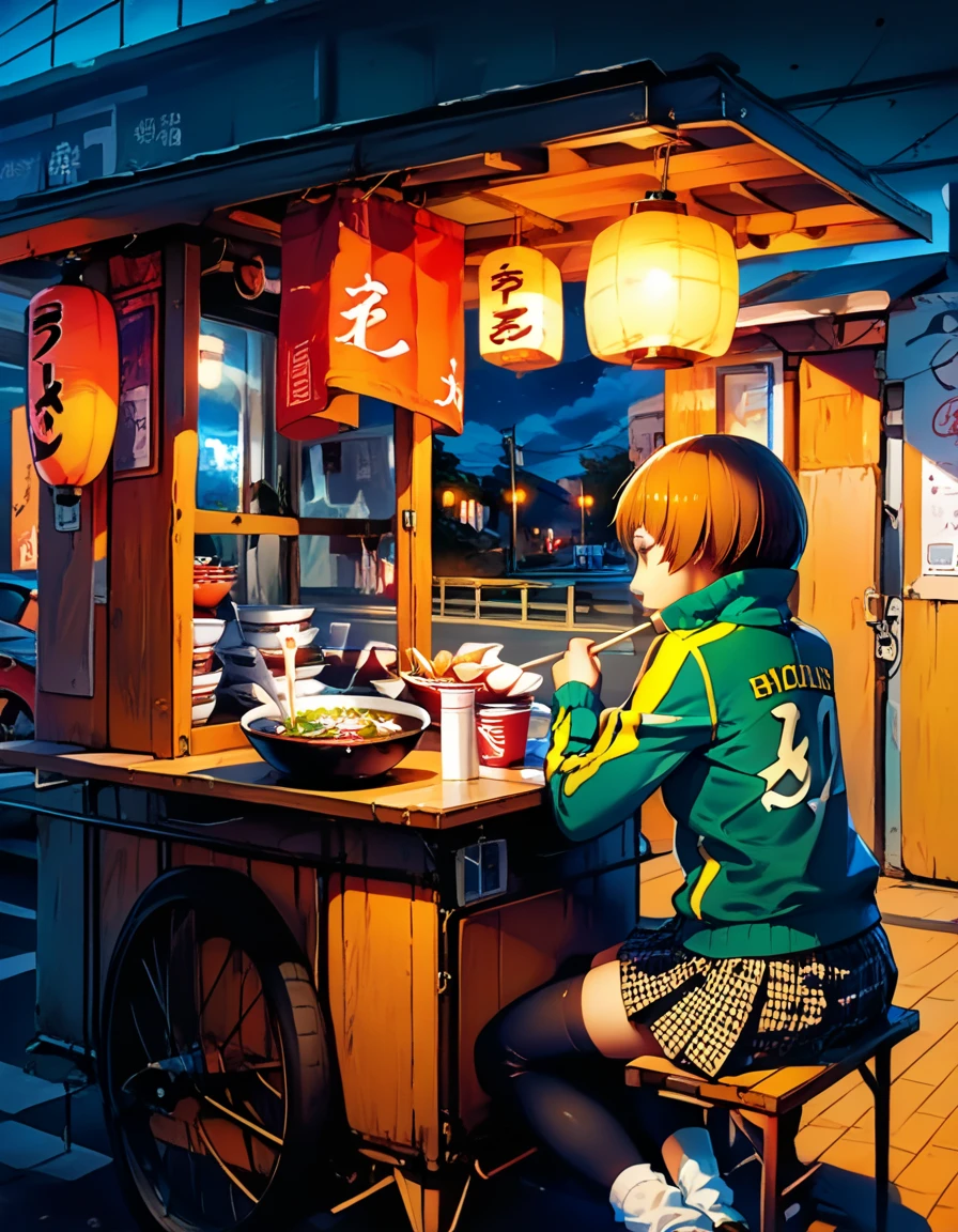 score_9, score_8_up, score_7_up, source_anime, 4n1v3rs3, 1girl, chiedef, brown hair, short hair, brown eyes, track jacket, badges, skirt, houndstooth, bike shorts, white socks, RamenMarketStall, cart, sitting, cowboy shot, Ramen, ramen bowl, from side, sunset, night sky, dynamic composition,