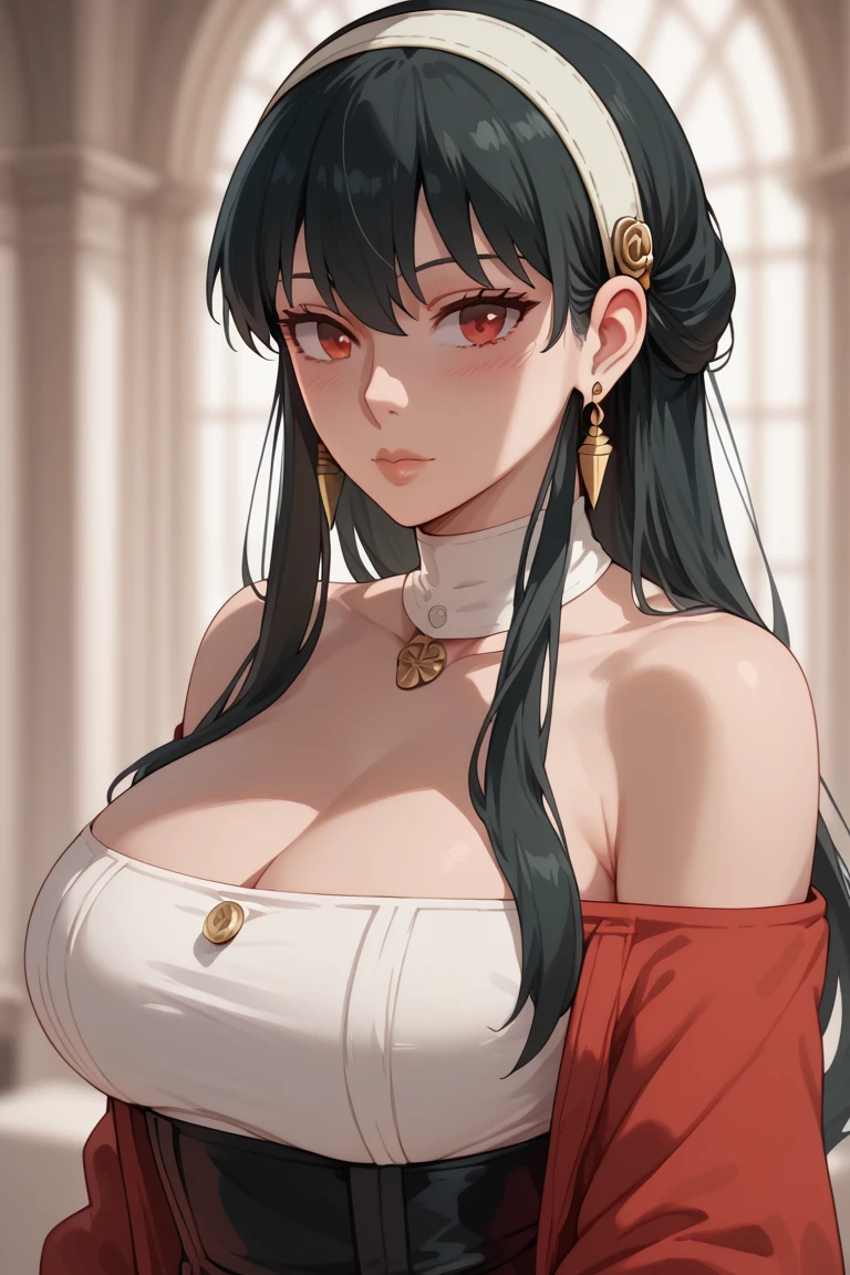 yor briar, black hair, red eyes, earrings, white hairband, hairband, long hair, sidelocks, large breasts,