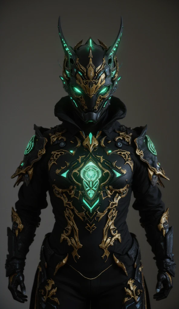 This image shows a character wearing black and gold armor. The armor design is very intricate, featuring green glowing elements. The character's pose is very elegant, with the left hand raised and the right hand hanging naturally. The details of the armor are very rich, including the decorations on the shoulders and the complex patterns on the chest. The overall look gives a sense of power and mystery.