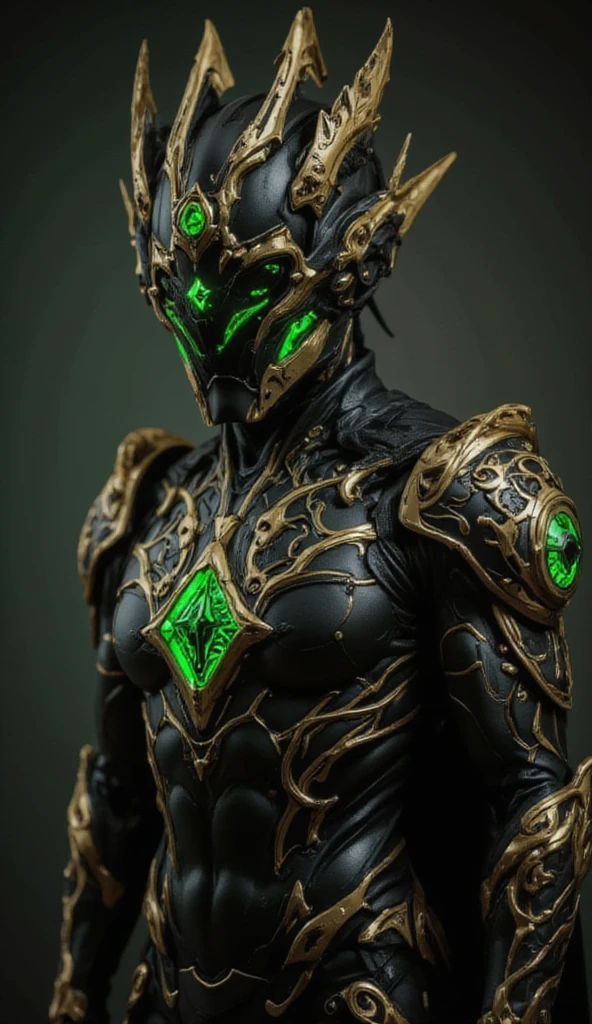 This image shows a character wearing black and gold armor. The armor design is very intricate, featuring green glowing elements. The character's pose is very elegant, with the left hand raised and the right hand hanging naturally. The details of the armor are very rich, including the decorations on the shoulders and the complex patterns on the chest. The overall look gives a sense of power and mystery.