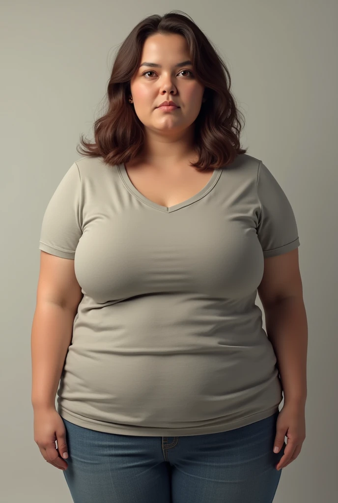 High resolution, High level image quality, high detail, masterpiece, rough skin, anatomically correct, sharp, gray background,((japanese mature, 4)), alone, ((facial wrinkles)), good shape big breasts, Straight light brown hair that reaches to the shoulders, Chubby body type、 (((stand upright, facing the center of the screen.))), Close your mouth and look straight ahead with a serious face, sweater, skirt, ((cowboy shot)), colossal tits