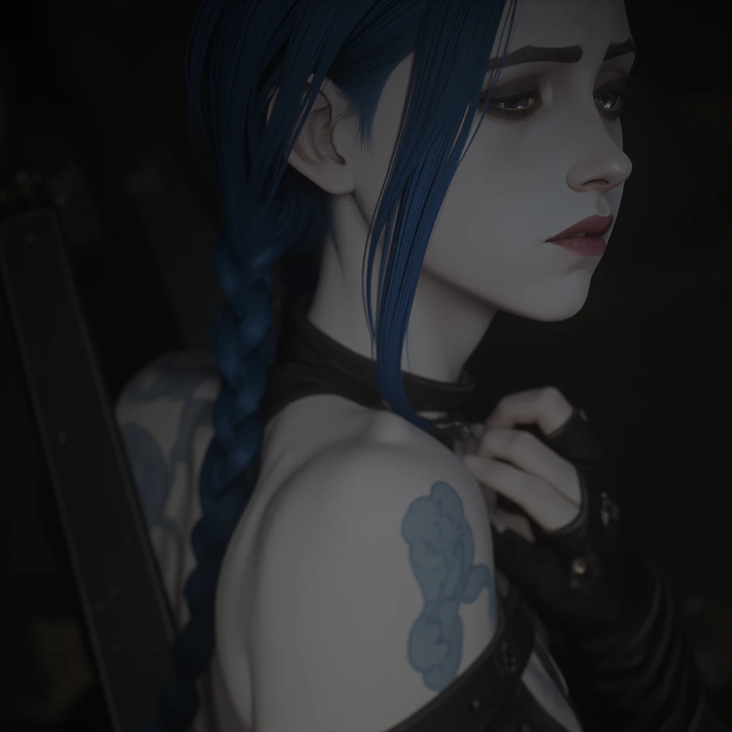 ARCJINXANE_V3,(BLUE EYES, BLUE HAIR, PALE SKIN, LONG TWIN BRAIDS,SIDE BANG, chuppy, MUSCULAR, BLUE CLOUD TATTOO:1.4),(solo:1.4), (matte skin, skin pores), 21 years old, (realistic:1.3), finely detailed, quality, (masterpiece:1.2), (photorealistic:1.2), Slutty nun, black robe, cleavage, pale skin, medium body, (best quality, high resolution, extreme detail, outstanding composition, masterpiece:1.4), dark, partially illuminated
