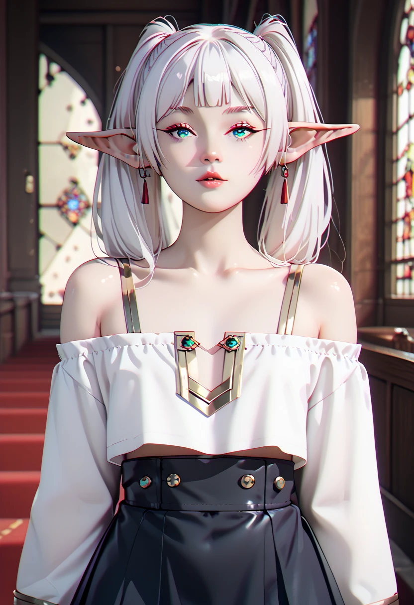 (masterpieces)(beutiful face)(high-resolution) Frierendef, off-shoulder, femboy concept, wear Tight short skirt, white twintail hair, elf ear, Strict, sousou_no_frieren, 