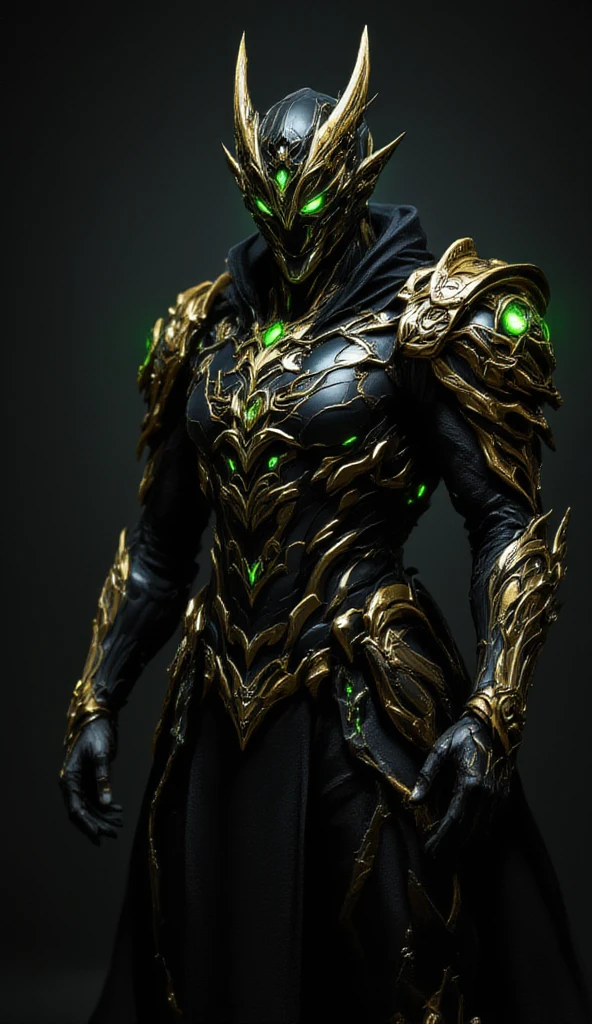 This image shows a character wearing black and gold armor. The armor design is very intricate, featuring green glowing elements. The character's pose is very elegant, with the left hand raised and the right hand hanging naturally. The details of the armor are very rich, including the decorations on the shoulders and the complex patterns on the chest. The overall look gives a sense of power and mystery.