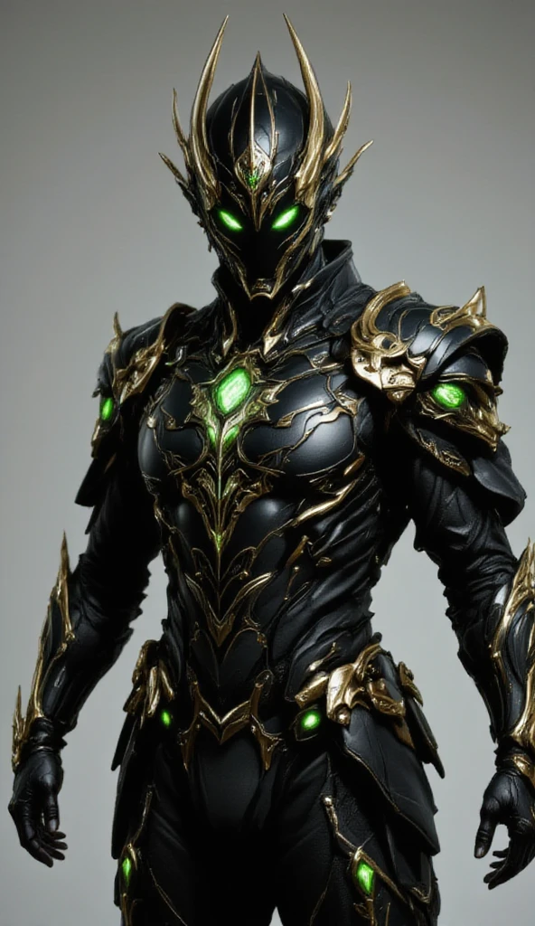 This image shows a character wearing black and gold armor. The armor design is very intricate, featuring green glowing elements. The character's pose is very elegant, with the left hand raised and the right hand hanging naturally. The details of the armor are very rich, including the decorations on the shoulders and the complex patterns on the chest. The overall look gives a sense of power and mystery.