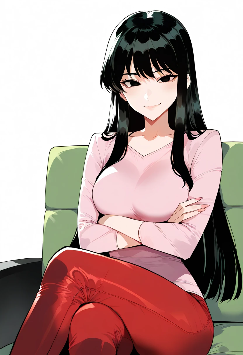 masterpiece, best quality, absurdres, highres, detailed background, 
 ume_matsuzaka, 1girl, black hair, black eyes, long hair,smile, pink shirt, red pants, looking at viewer,simple background, white background, crossed arms, crossed legs,