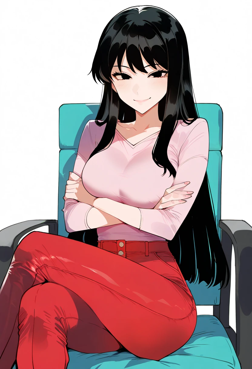 masterpiece, best quality, absurdres, highres, detailed background, 
 ume_matsuzaka, 1girl, black hair, black eyes, long hair,smile, pink shirt, red pants, looking at viewer,simple background, white background, crossed arms, crossed legs,