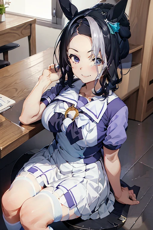(NSFW:0.99), there is a ((beautiful aroused young dark-skinned Haitian girl with long wavy cerulean hair)), (panting erotic expression), (very small flat breasts), (wearing stacked sapphire jewel necklace), (wearing detailed gator-leather gloves), (plump legs, hairy pubes), (Skirt lifting), looking in camera, Angle from below, Short skirt, Squatting, Shy smile, Japanese school uniform , Beautiful skin, ((of the highest quality, 16 K, masutepiece: 1.3)), Light on Face, hyperdetailed face, very detailed full plump lips, Detailed eyes、real looking skin with stretch marks and cellulite、Panties with cute designs、Vans sneakers、Detailed lace pantieessy Japanese philosophy classroom interior),