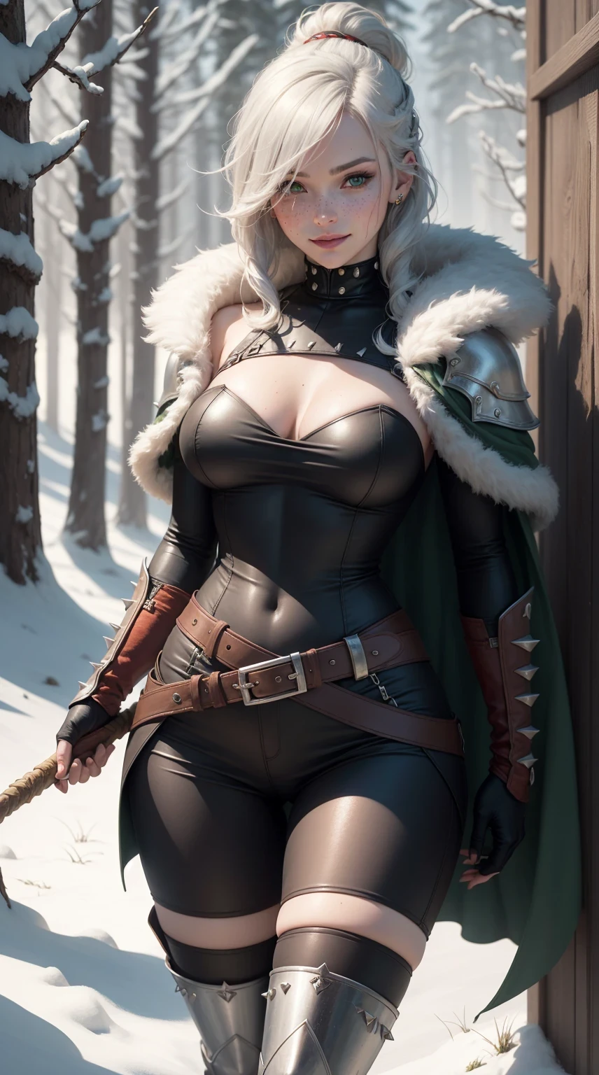 gwen tennyson,yorha 2b,mordred,samus aran,warcraft,atelier ryza,close up,winter forest,viking village,rune tattoos,fur and royal green plugsuit,winter viking linen shirt,royal green viking cape,spiked armor,viking linen pants,short viking hair,viking war makeup,green eyes,multicolored silver hair, spiked gloves,sexy smile,freckles,beautiful girl,knee high spiked boots,large breasts,8k,ultra detailed,realistic,fantasy art,fur viking armor,hair pin,ear piercings,(weather:windy),1girl,long viking battle axe,rune neck and belt jewelry,