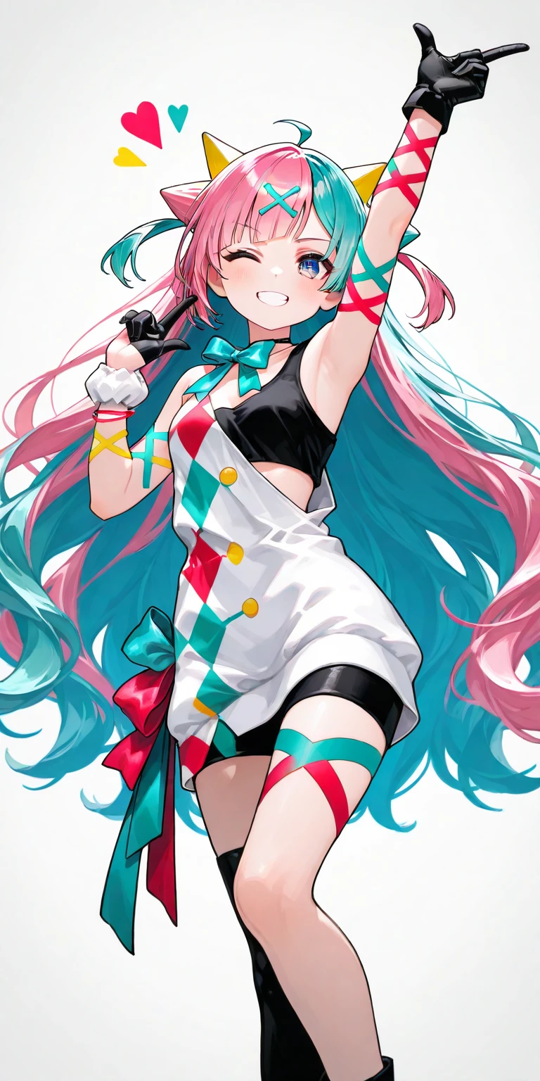 1girl\((Pinky Pop Hepburn\(vtuber\)), dynamic pose,smile,cute,wink,cute hand sign, white short asymmetry dress, (black finger cover),blue ribbon tie, sleeveless\),minimalist,vivid color, pop art,masterpiece, best quality,3d model