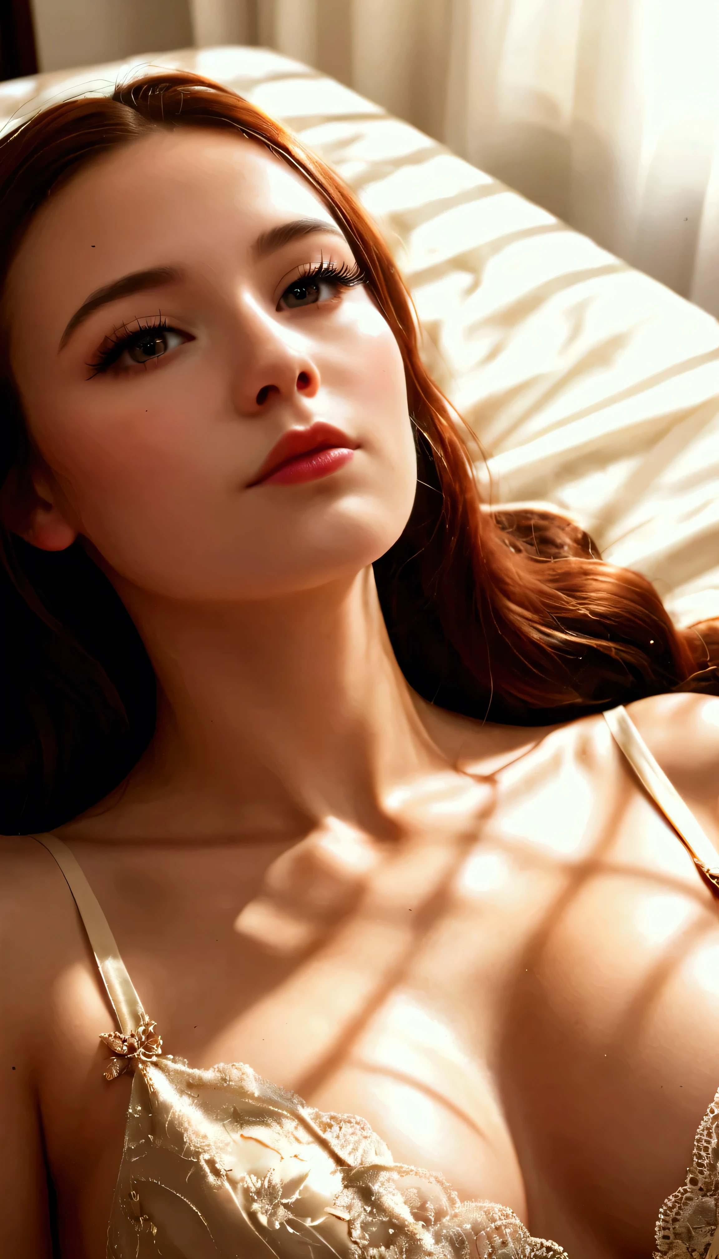 sfw:2,,a girl lying on bed, beautiful detailed eyes, beautiful detailed lips, extremely detailed face, long eyelashes, porcelain skin, relaxed expression, natural lighting, high quality, photorealistic, masterpiece, 8k, hyper detailed