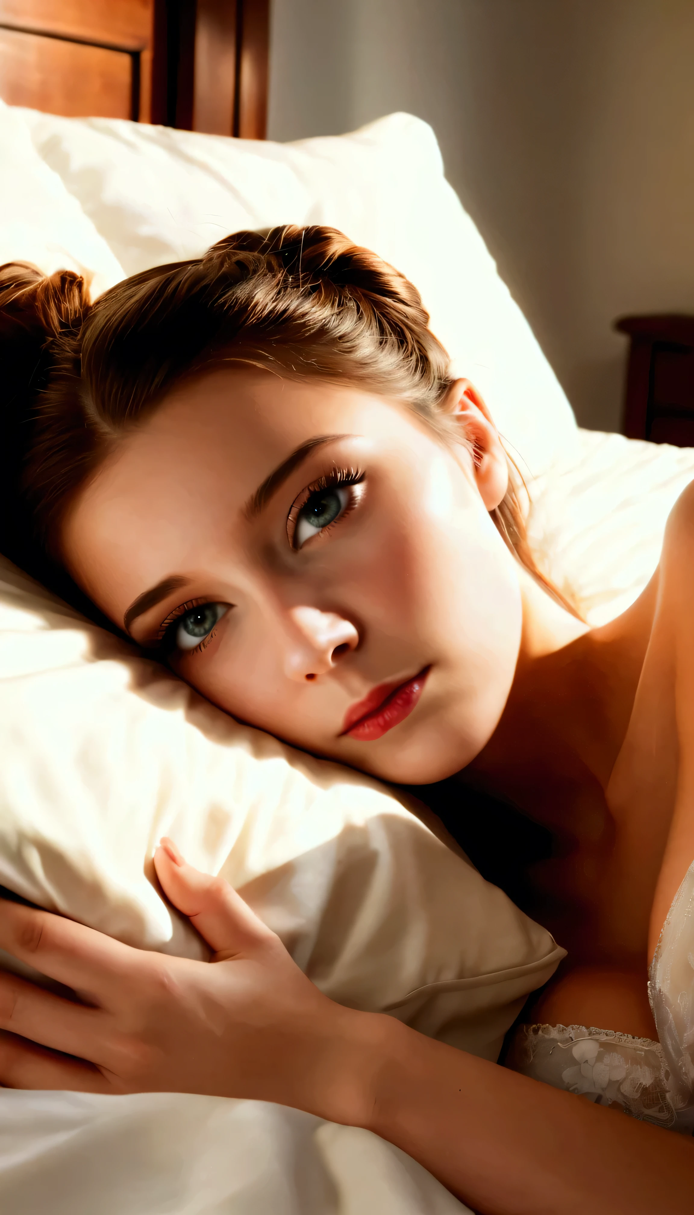 sfw:2,,a girl lying on bed, beautiful detailed eyes, beautiful detailed lips, extremely detailed face, long eyelashes, porcelain skin, relaxed expression, natural lighting, high quality, photorealistic, masterpiece, 8k, hyper detailed