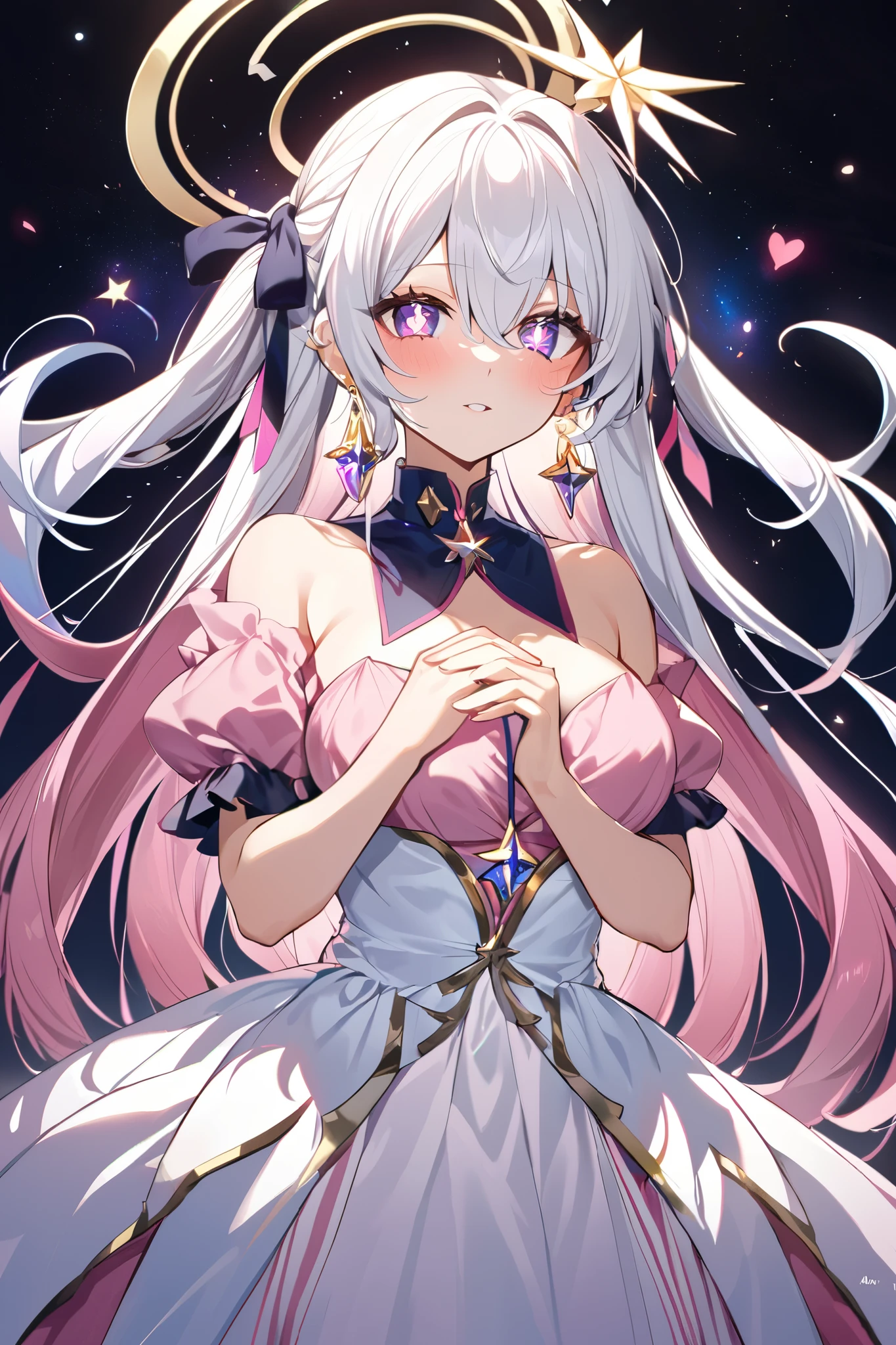 1girl, bare shoulder, Gold Halo, Very Long Hair, Quin Tails, inner hair color, , white hair, Pink Hair, Breasts, Earrings, Hetechromia, star pupils, white and pink dress, hands placed pver heart.