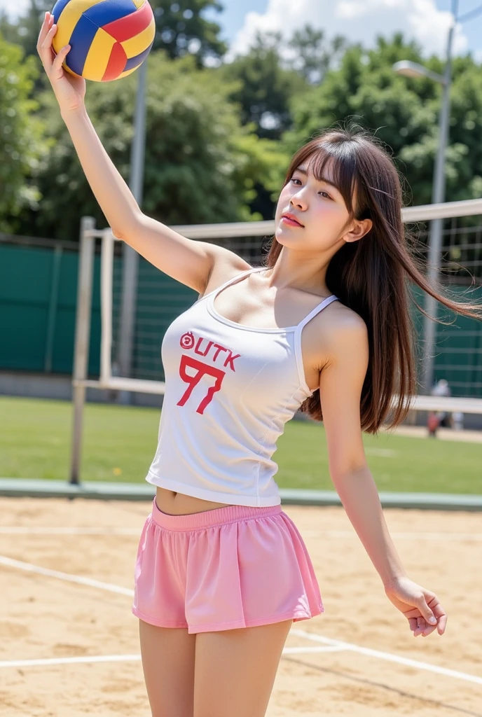 Maki Horikita Beautiful girl Beautiful face  Young face Crying expression Crying face Short stature Slender athletics Navel exposed Beautiful legs ponitell cut Brown hair Small breasts White camisole Raising hands Japanese school Club activities Track and field club Outdoors Spreading legs