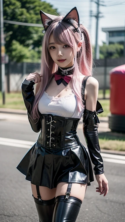 sexy stylish Swedish model, only 1 female, ((doll-like appearance)), long neon pink stylish hair, ((shiny Punk-Style boots)), (happy smile), ultra detailed eyes, Punk makeup, lipgloss, ((sexy Punk ta cosplay)), unconventional skirt, petticoats, high neckline, ((ultra detailed lace)), ((ultra detailed embroidery)), intricate details, tartan patterns, (silver chains), (silver spikes), (safety pins), Punk Loliccessoires, Punk Lolita cr, ((large sparkling Punk Lolita jewel, cinematic light, detailed large park background with trees
