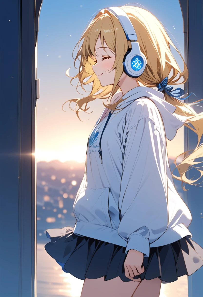 {{{masterpiece}}}, {{{ top quality}}}, {{ ultra detail }}, { cute},((side view,closed eyes)),  1 girl, Alone, ((gold hair,low twintails)),((((white headphones))),(((white hoodie))),(black skirt),((standing)),light smile,Midea,sunrise,clear sky