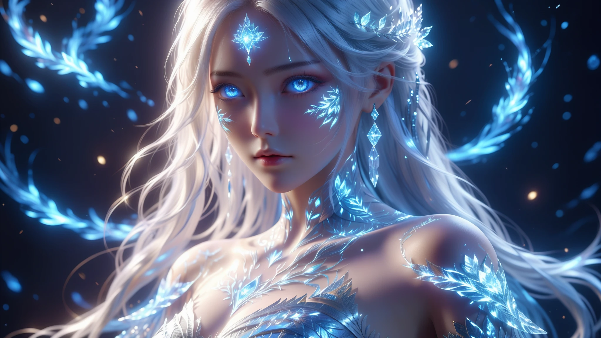 illustration, cinematic light, highres, highest quality, ultra detailed, detailed face, (detailed eyes), best quality, hyper detailed, masterpiece, (detailed face), clean face, mature woman with white skin, angelic face staring, wears dress made of ice (blue, bright white),see through, choker made of ice,crown around ice head nsfw, high heels, blue eyes, Tiny neon spikes of platinum shiny hair, dark fantasy forest, bright plants with neon details, dark magic, (portal:1.15) to the ocean in the background, reflection of light, heart-shaped iris, playful eyes, open shoulder, rain, (wet body), small shiny butterfly, long hair with neon blues and whites