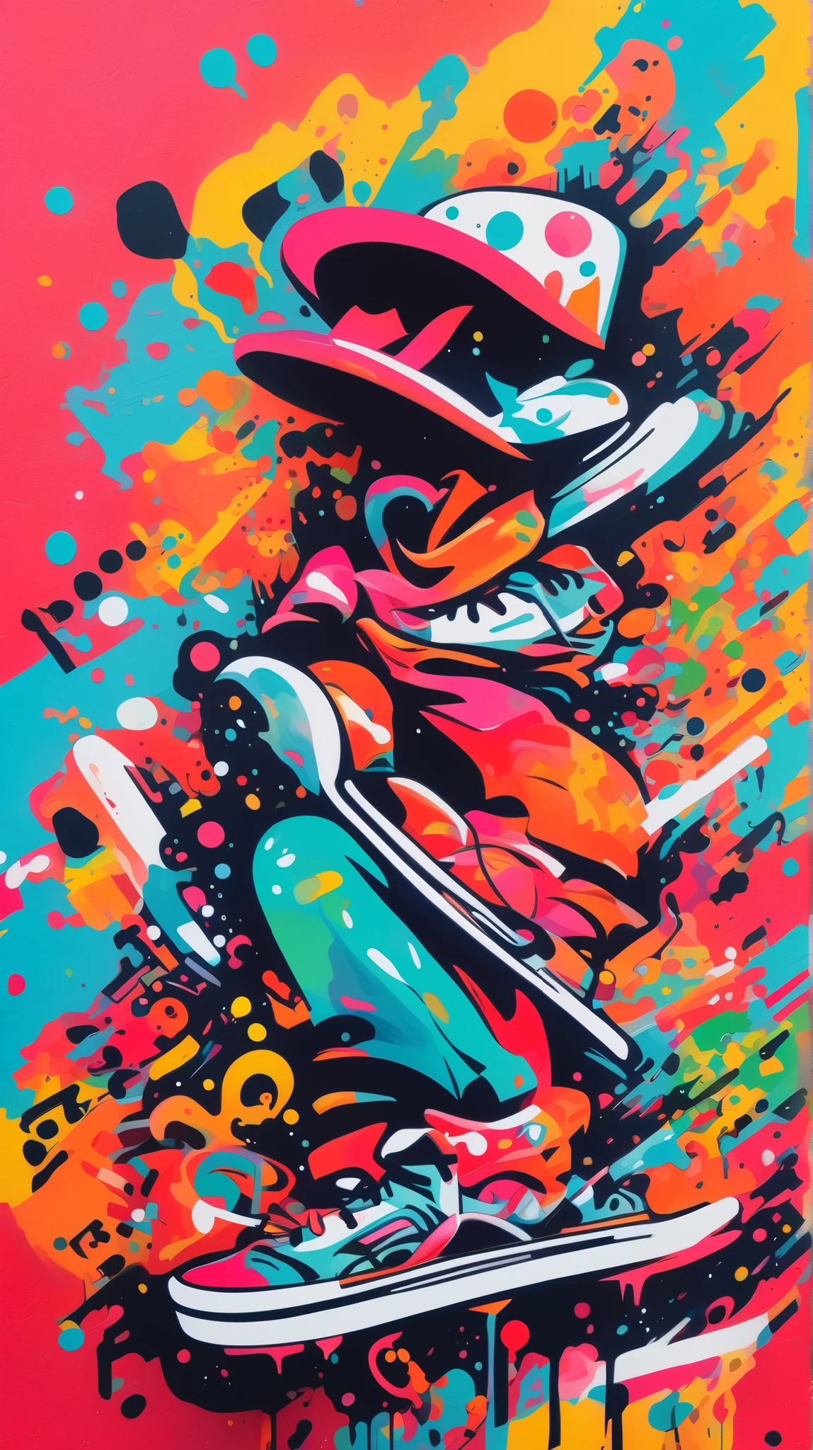 Create streetwear-style artwork for the back of a shirt, with graffiti art influences. Include vibrant colors, Bold strokes, and elements inspired by skateboarding and hip-hop culture. The design must be bold and modern, with urban typography and graphic icons that represent the energy of the street.