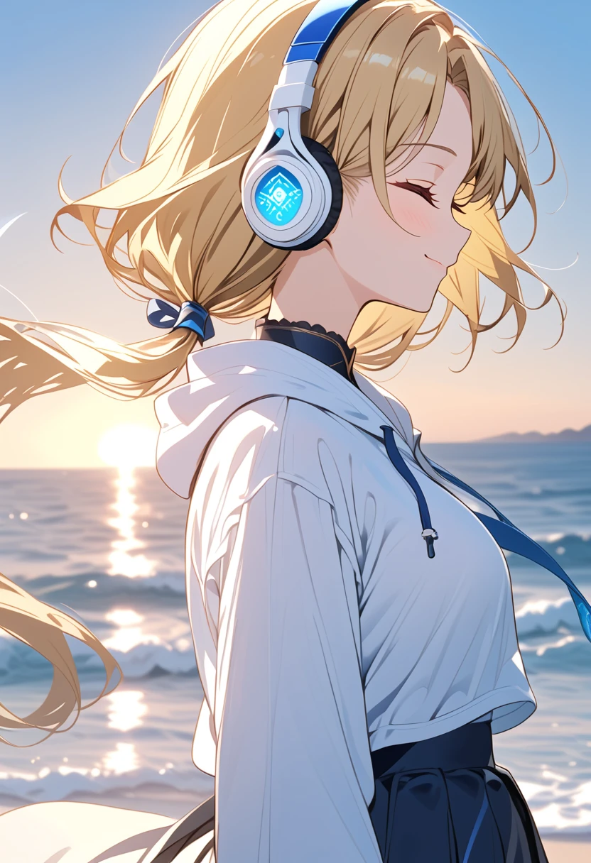 {{{masterpiece}}}, {{{ top quality}}}, {{ ultra detail }}, { cute},((side view,closed eyes)),  1 girl, Alone, ((gold hair,low twintails)),((((white headphones))),(((white hoodie))),(black skirt),((standing)),light smile,Midea,sunrise,clear sky,seaside