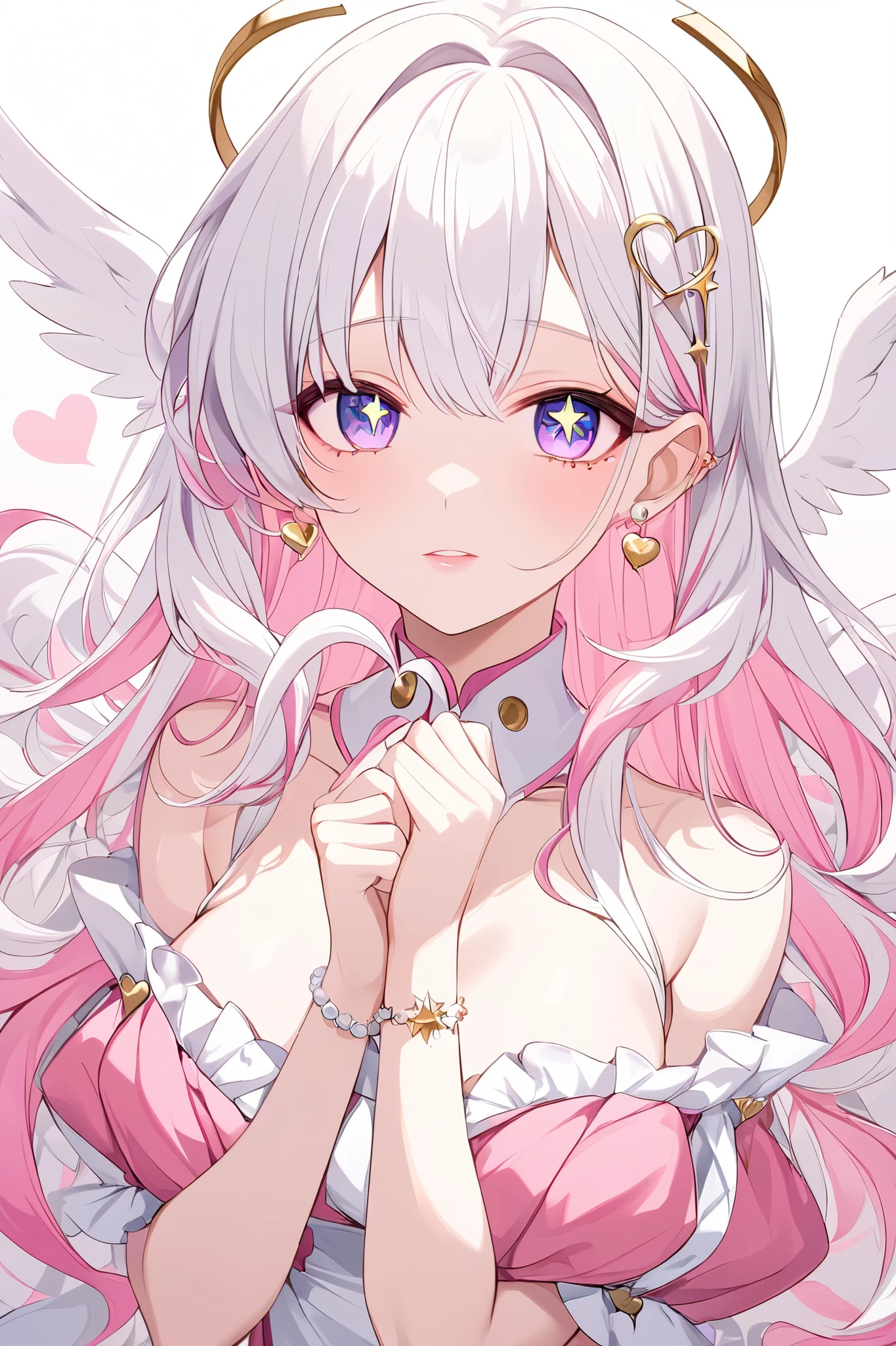 1girl, bare shoulder, Gold Halo, Very Long Hair, Quin Tails, inner hair color, , white hair, Pink Hair, Breasts, Earrings, Hetechromia, star pupils, white and pink dress, hands placed pver heart.