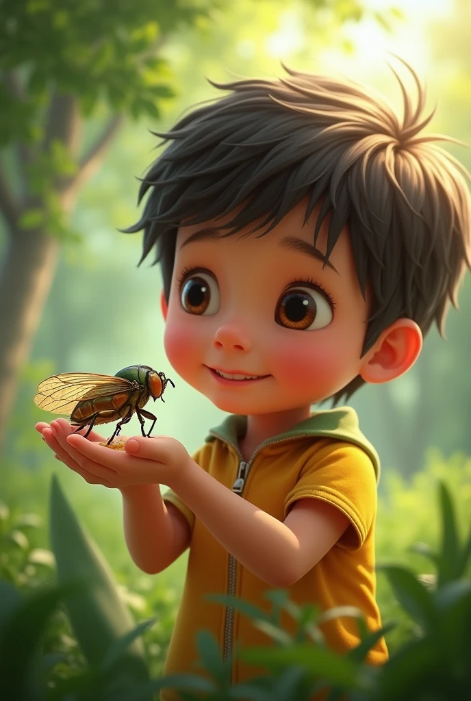 2-year-old baby with short hair. holding a grasshopper in the backyard and scaring her parents