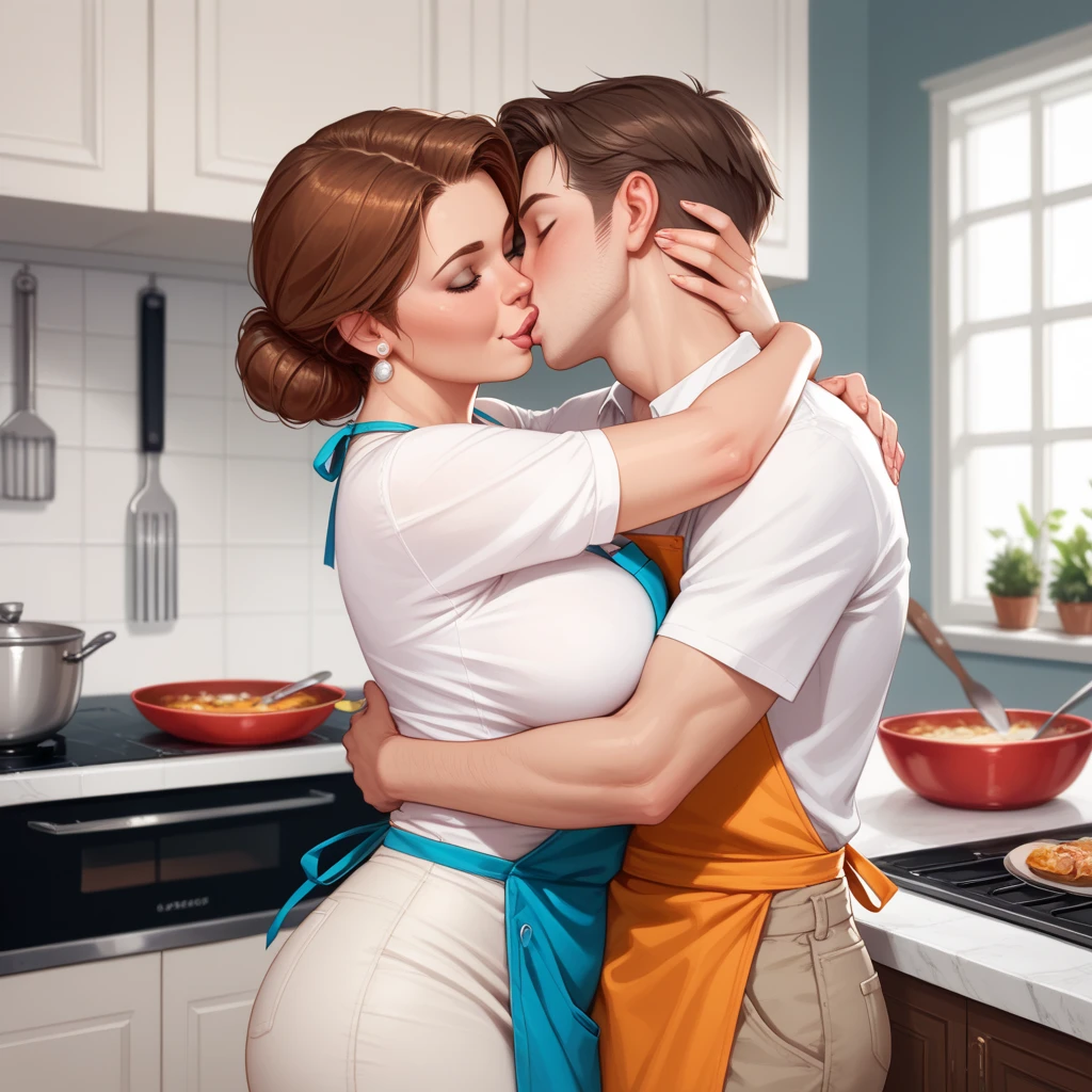 score_9, score_8_up, score_7_up, 1boy, 1girl, mature woman, nude in apron (mother and son), boy, hand on waist, leaning on counter, in kitchen, penetration, boy with big penis, 2 boy,nsfw