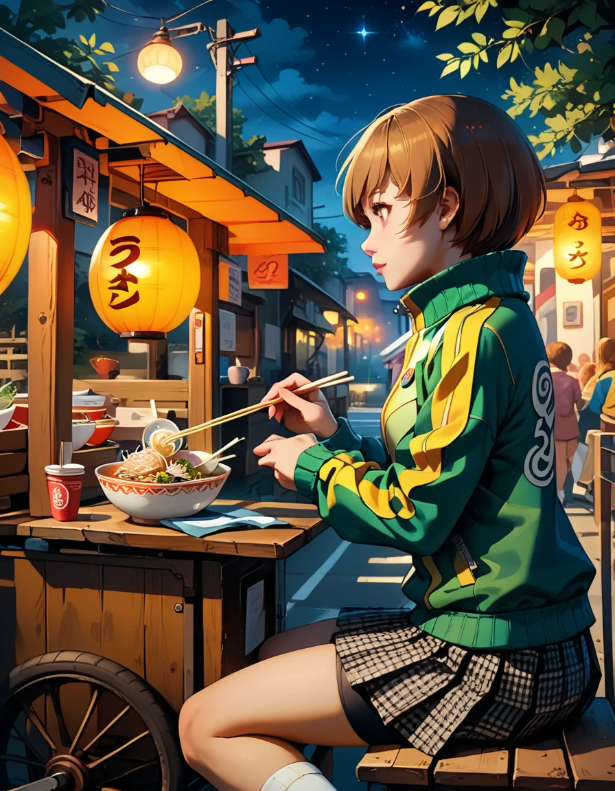 score_9, score_8_up, score_7_up, source_anime, 4n1v3rs3, 1girl, chiedef, brown hair, short hair, brown eyes, track jacket, badges, skirt, houndstooth, bike shorts, white socks, RamenMarketStall, cart, sitting, cowboy shot, Ramen, ramen bowl, from side, sunset, night sky, dynamic composition,