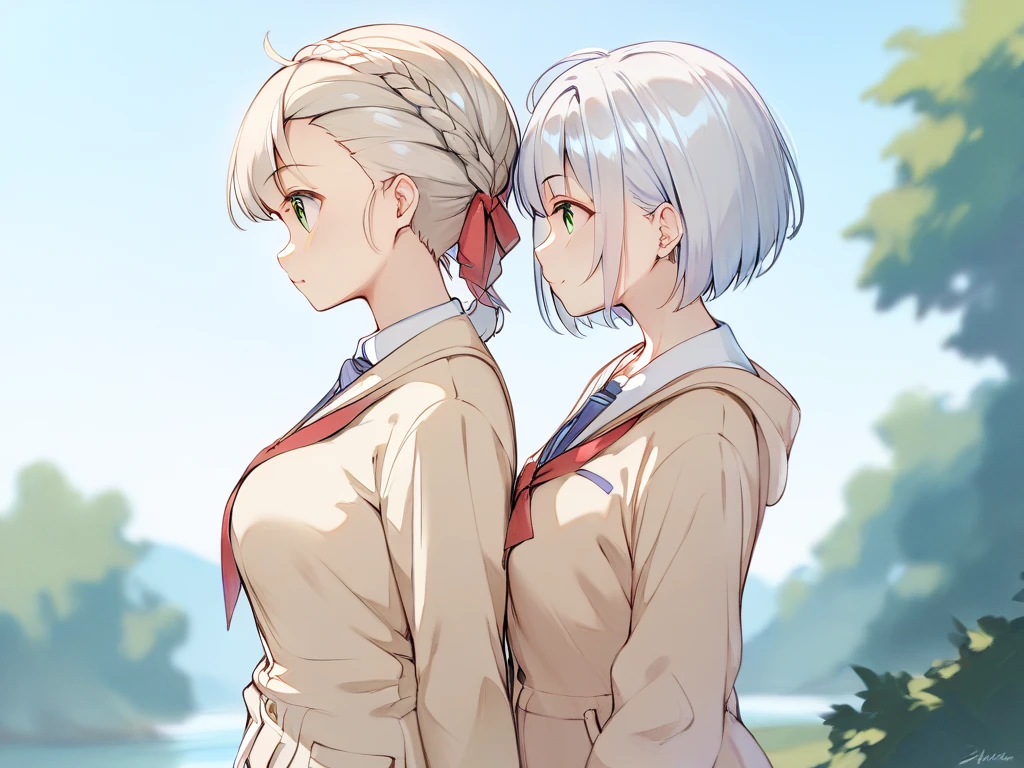  short bob girl with silver hair、High school girl wearing a beige cardigan braided on the left side of her hairstyle 、 red ribbon 、 green eyes、Height: 150cm、Breasts are about D cup、 walking 、profile、from side