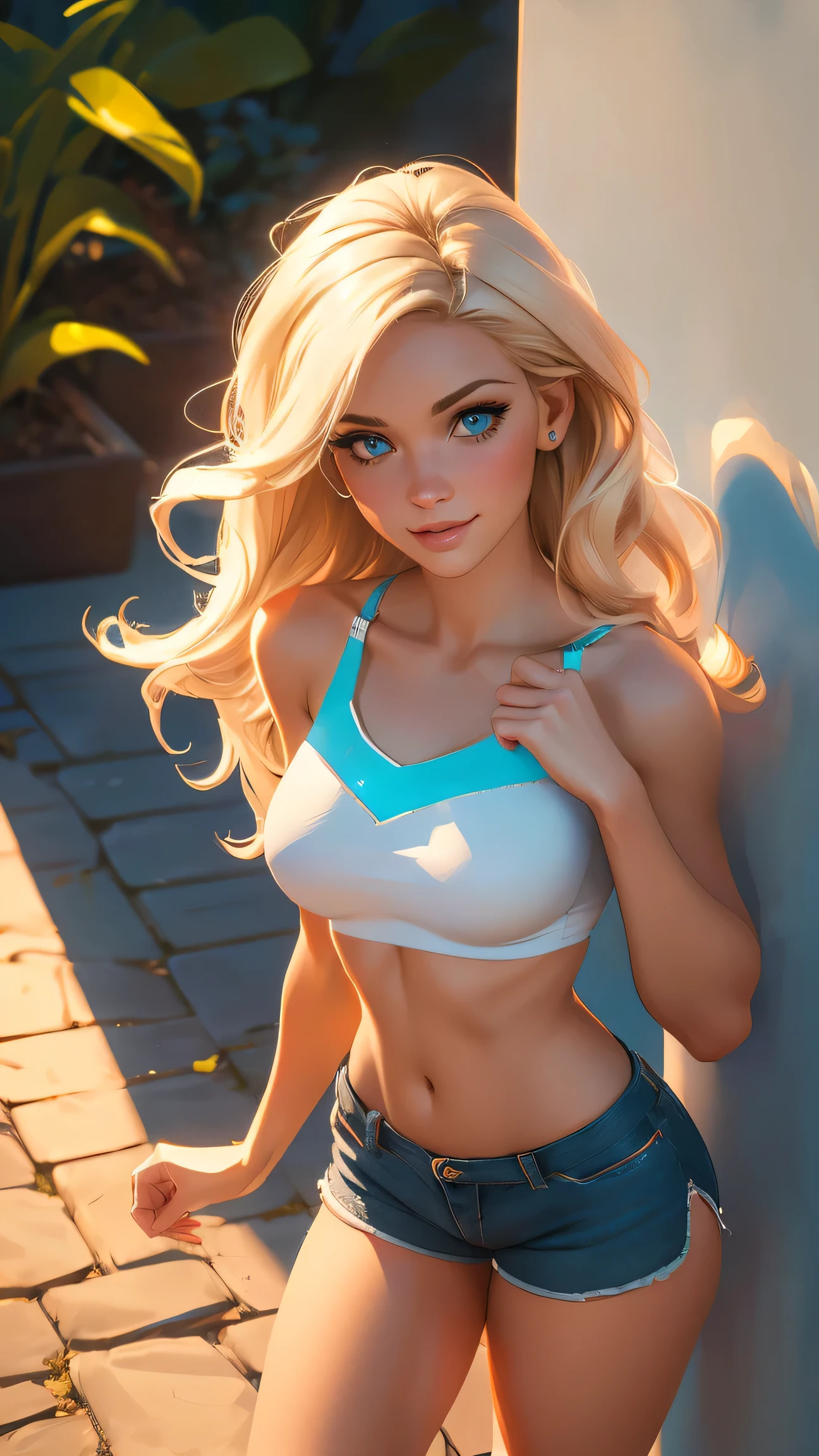 Pamela Duncan, (photorealistic: 1.2), long blonde hair, half Updo, Asymmetrical Hair, gorgeous blue eyes, (30ish years old:1.2), gorgeous woman, (beautiful face: 1.2), (breathtakingly gorgeous: 1.2), front porch, (crop top and shorts: 1.2), teasing, flirting with the viewer, vivacious, sensual, black stockings, (realistic, detailed, digital art, vivid color palette, 8K Octane, ultra hd: 1.2), Masterpiece, Anatomically Correct, Best Quality, High Details, HDR, SFW, fully clothed, Embarrassed, Light Smile, Light Blush, Shy, from above