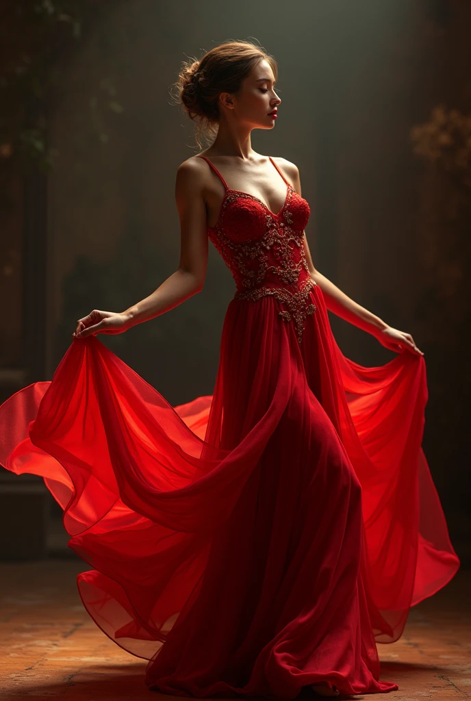A showstopping can-can dancer in mid-performance, her stunning figure on full display. She's a vision of loveliness, her slender waist a striking contrast to her luscious, ((huge tits))). Her Red flowing dress is a whirlwind of activity as she manipulates it with one leg up, showcasing the intricate craftsmanship of her skirt and pantalettes. Set against the vibrant backdrop of a theater entrance, the neon sign Burlesque for credits gleams above, casting a warm glow on the evening scene. The ornate details of the theater facade pop against the dramatic lighting, creating a cinematic atmosphere that's simply breathtaking, retina, accurate, masterpiece, anatomically correct, textured skin, super detail, high quality, award winning, highres, 8k, 16k