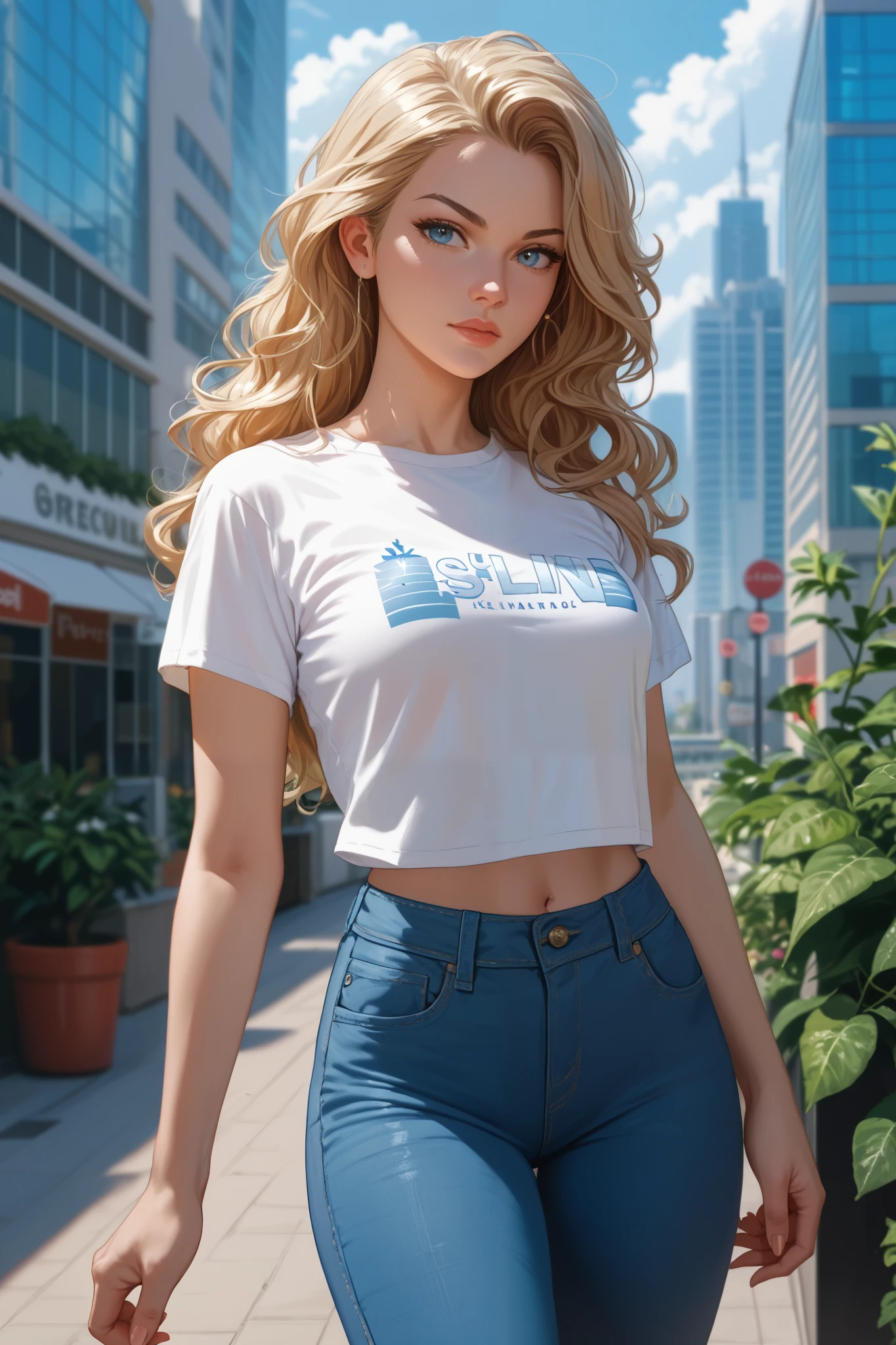 The image is a digital portrait of a young woman with long, wavy blonde hair. She is standing in front of a city skyline with tall buildings and greenery in the background. The woman is wearing a gray t-shirt and blue jeans. She has a serious expression on her face and is looking off to the side. The overall mood of the image is peaceful and serene.