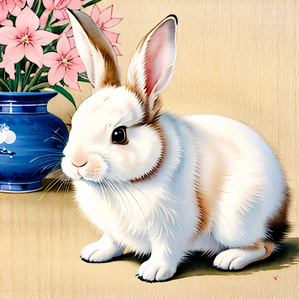 a close up of a painting of a rabbit on a white surface, a pastel by Ohara Koson, flickr, sōsaku hanga, tyrus wong, ryohji hase, japanese watercolor, traditional chinese painting, rabbit, old japanese art, japanese painting, traditional chinese art, traditional japanese painting, chinese ink and wash painting, traditional japanese art