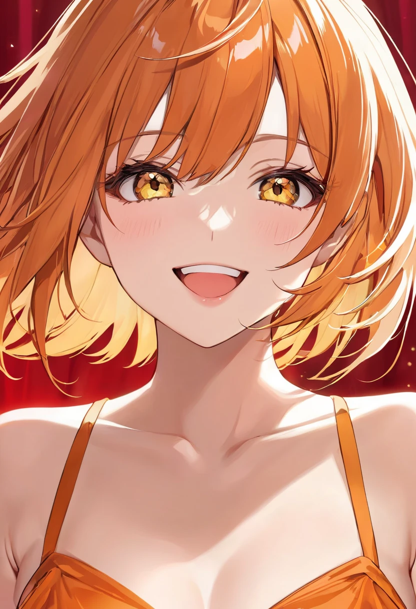 Beautiful adult woman with large breasts、((Orange short hair))(Yellow Eyes)、(Cute honey in sexy pink outfit)、Face close-up、Neon Background