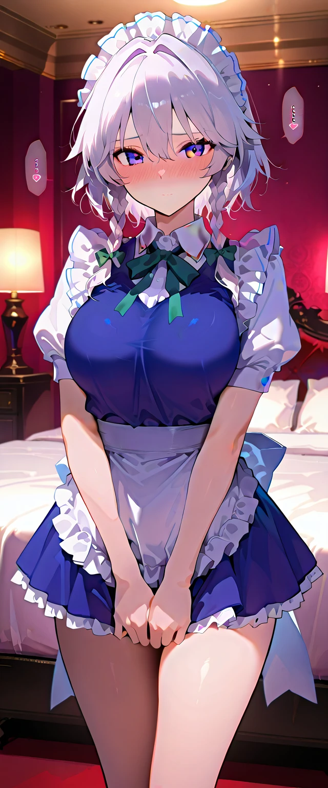 masterpiece, beautiful woman, adult female, cute, score_9, score_8_up, score_7_up, , rating_general,1girl, izayoi sakuya, white hair, short hair, maid clothes、Navy blue clothes,White ruffle sleeves,Short sleeve,unexposed breasts, navy blue ruffle skirt, miniskirt,white ruffle apron, twin braids, source_anime, cowboy shot, full portrait, hair between eyes, (slim, slender body, tight waist, toned body), (indoor, Love Hotel , bed, dim), full-face blush、speech bible, (lovely face, embarrassed, full blush, loving you), lovely hearts:1.4,