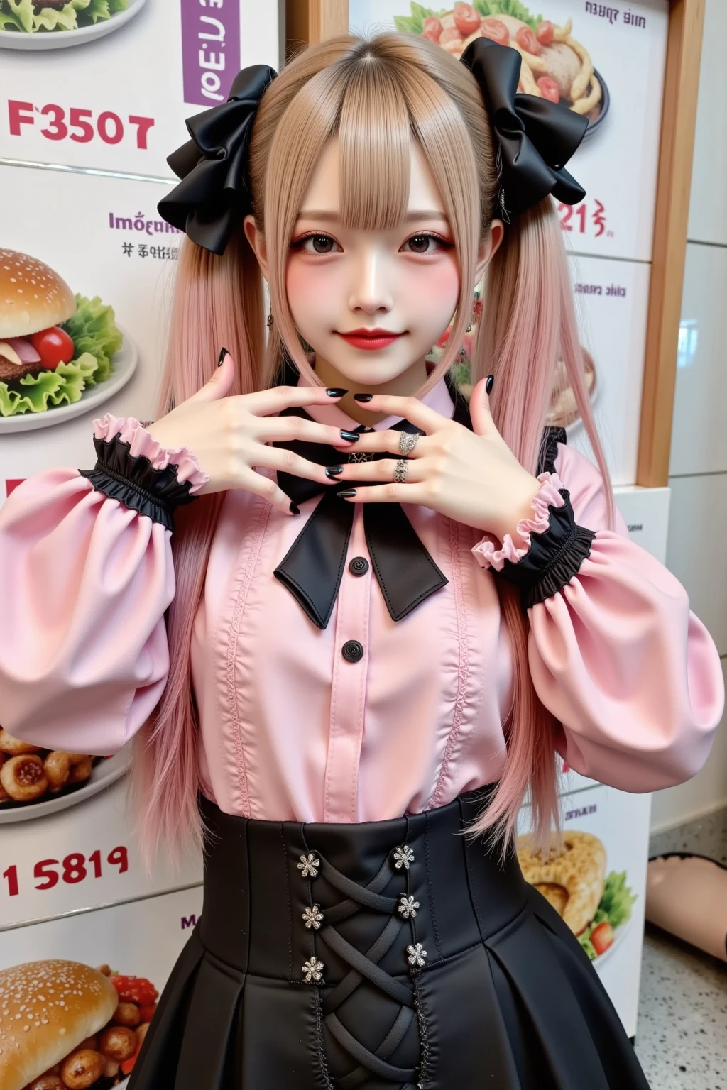 1girl,gal,makeup,smile,(golden,pink hair,two-tone hair),long hair,two side up,black bow,Blue eyes,BREAK jirai kei,(cross-laced clothes,pink shirt,long sleeves,frilled sleeves),frill,black bowtie,black skirt,heart brooch,heart earrings,ring,nail polish,pink nails,black nails,black choker,BREAK one eye closed,happy,heart hands,A realistic and beautiful portrait of a cute girl,BREAK The wall in the photo is the background,showing food stalls from various Asian countries,photo focus