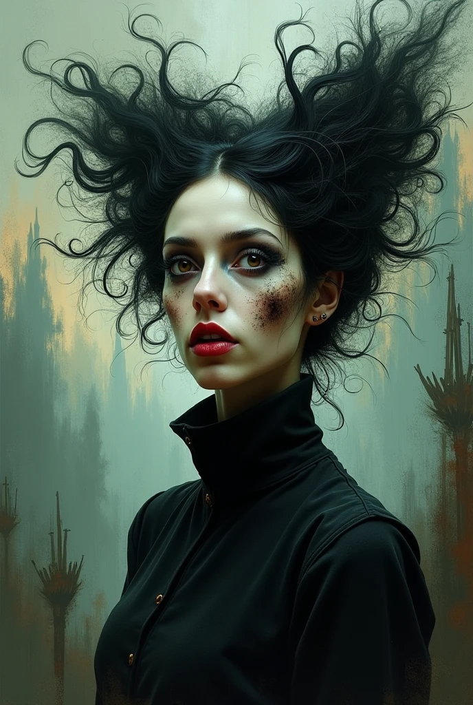 Surrealist art Surrealist art (perfect face:1.3) (finely body drawn:1.3) (perfect body:1.3) (finely intricate details:1.7)  (ultra high resolution:1.2), 8k,  Canon eos 5d mark 4, Fujifilm X-T4 Digital, smallest details are perfectly reproduced,   (very high resolution). in  a distopic dictatorial world, photo of  (a girl with black hair:1.1), connected by lightning bolts , wearing an orange sweater. (in a futuristic city:1.9) with people , buildings,  dull colours artfull,  Surreal Harmony, art by Hans Bellmer, dreamlike, mysterious, provocative, symbolic, intricate, detailed, dreamlike, mysterious, provocative, symbolic, intricate, detailed