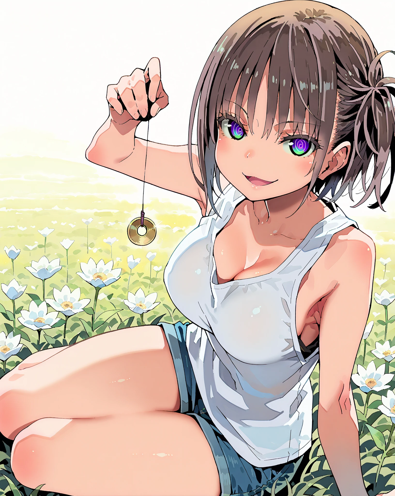 score_9, score_8_up, score_7_up, 1girl,solo, style asanagi, seduce,seductive, beautiful smile, smirk, breasts, medium breasts, in flower field, she is holding a pendulum in one hand \(hypnotist holding a pendulum\), ((holding pendulum)), holding string, perfect hands, one hand up, side view, turning side, armpit focus, open mouth, smirk, looking at viewer, sitting on grass, masterpiece, high quality, absurd resolution, beautiful hands, ringed eyes, sleeveless, denim shorts, Maegami