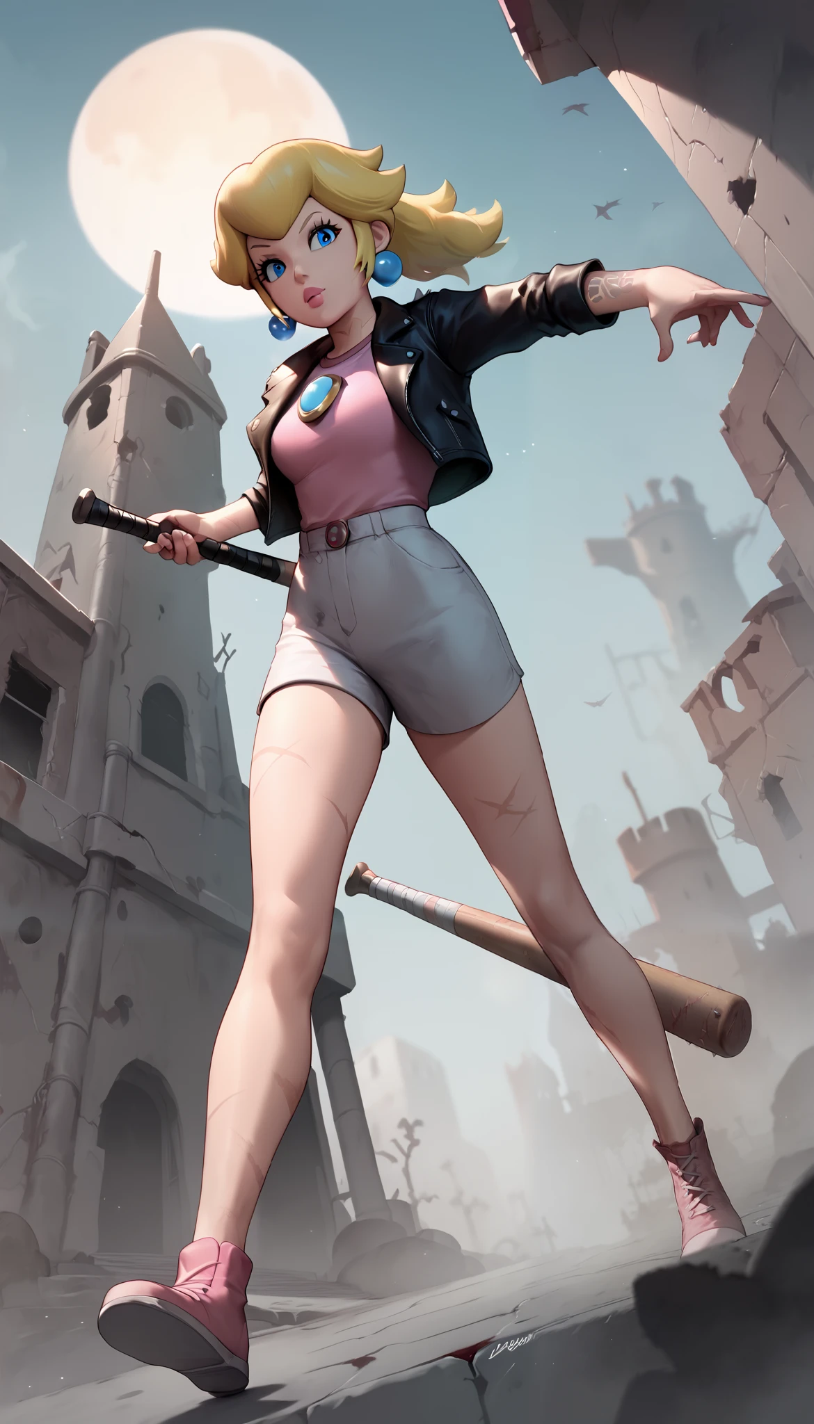 Fierce, princess peach, blonde hair, Standing up holding a spiked baseball bat, action pose, wearing a leather jacket, moon rising, Silent Hill, abandoned castle in the fog, Tattoos, Scars, interesting angle, dynamic angle