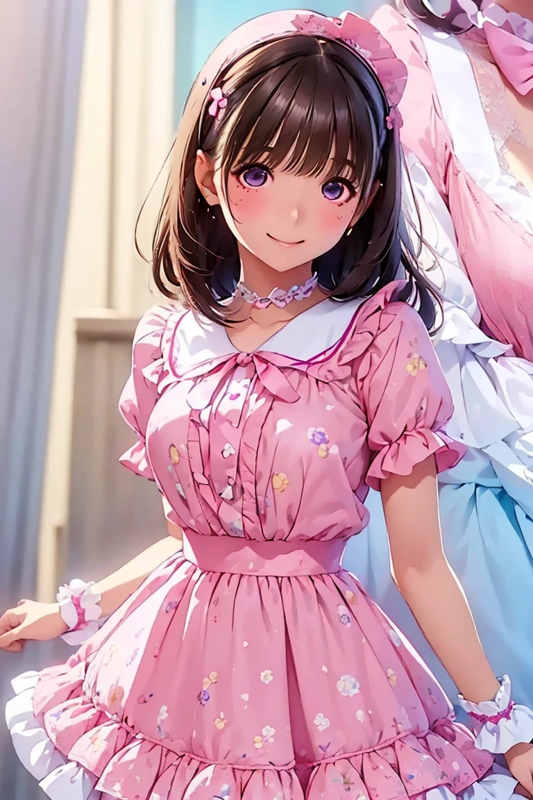 ((masterpiece, Highest quality, Very detailed)), girl, alone, Fashion Model, Girlish fashion、Female Model、Frilled Skirt、Ribbon Headband、Bright smile、Pink and white color scheme、Spring atmosphere