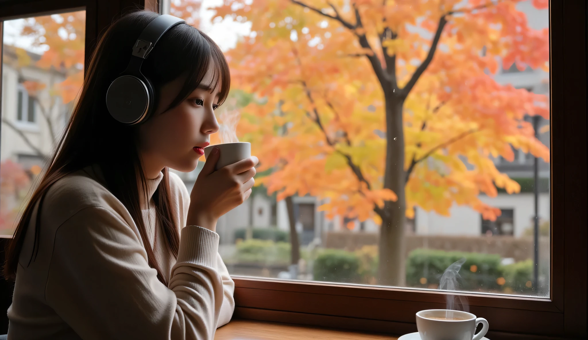A cozy autumn morning scene in Tokyo. A girl sits by the window of a quaint café, wearing stylish headphones and immersed in music. She is sipping a steaming cup of coffee, the gentle smoke curling upwards. Outside the window, vibrant autumn leaves in shades of orange, red, and yellow create a picturesque backdrop. The soft light filters through the glass, adding warmth to the tranquil ambiance. The girl's expression is serene, with a hint of introspection, perfectly capturing the quiet charm of the moment.