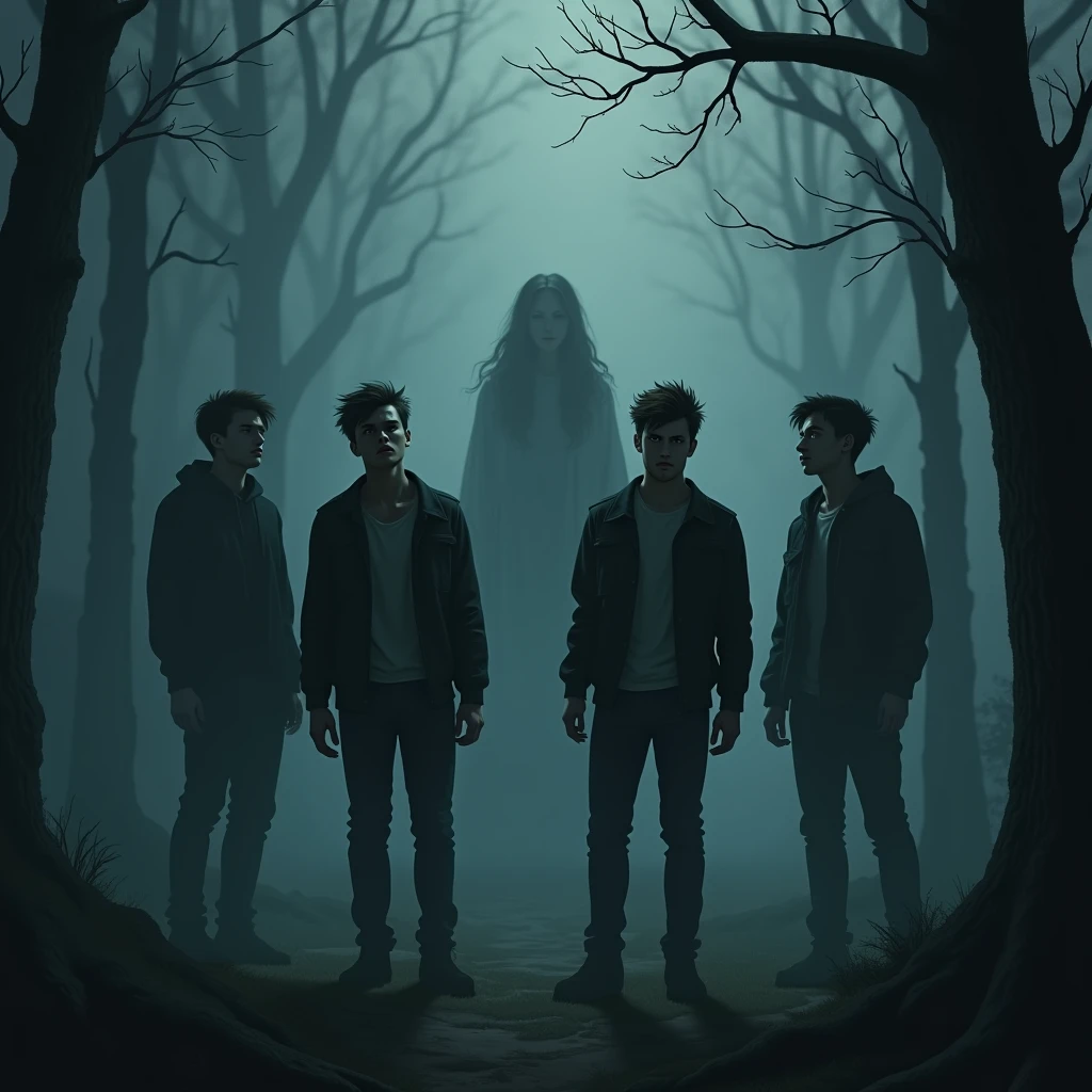 Four young men standing frozen, visibly trembling with fear, as the woman's haunting voice echoes through the misty forest.
