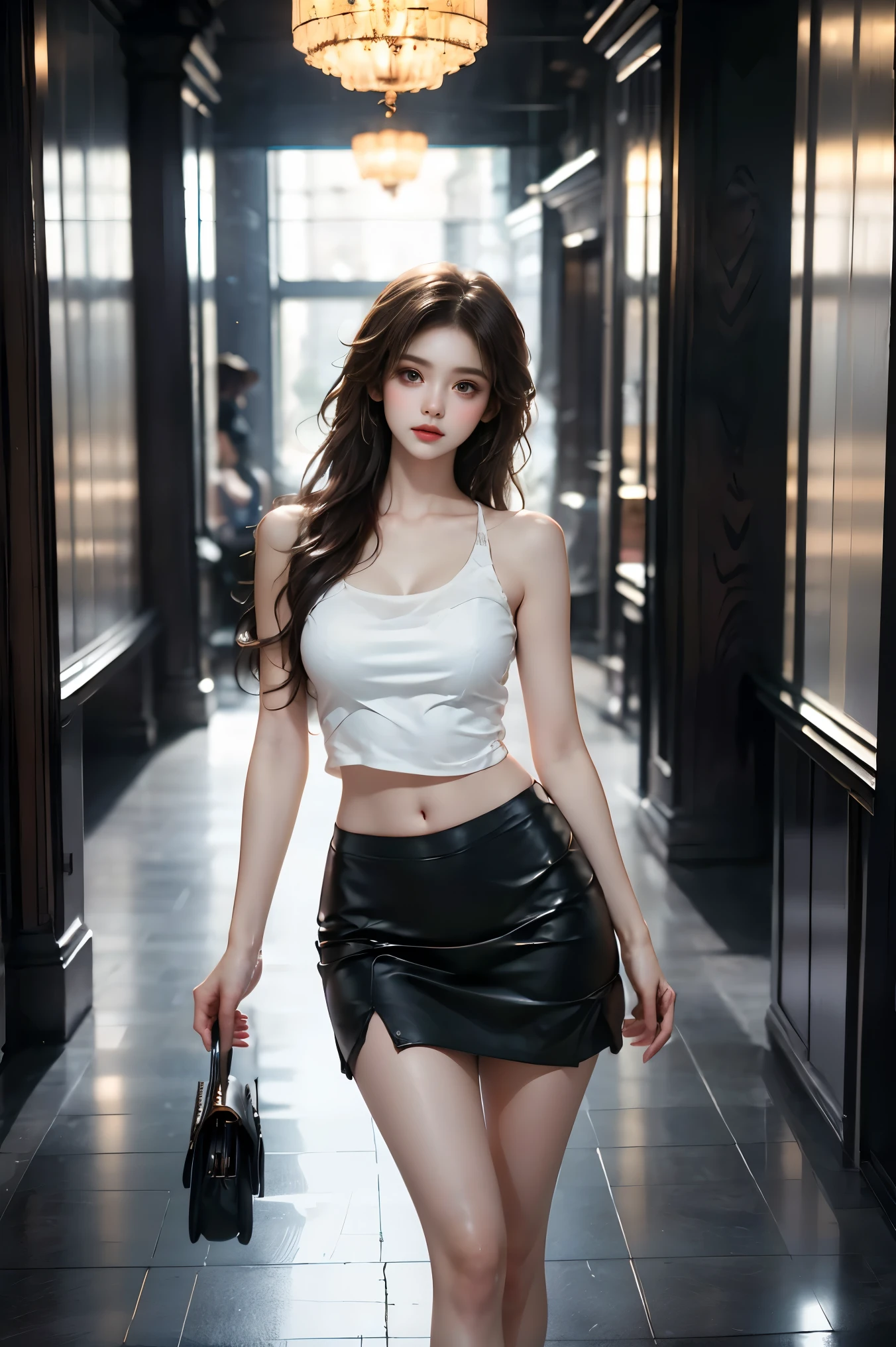 1girl，short skirt，Two piece fashionable outfit, (cowboy shot:1.3), (from below:1.2),photorealistic beautiful woman, fashion model with long legs, (standing in hallway:1.2), (Stand on one foot:1.2), (Lean against the wall), portico corridor,  single bare shoulder,     (elegant contrapposto pose:1.2), graceful stance, slim athletic figure, (high detailed skin:1.2), (Full breasts, visible cleavage, very short hemlines, revealing smooth thighs), soft ambient lighting, cinematic lighting, depth of field, 85mm portrait photography, natural shadows, professional fashion photography, high-end magazine style,  high resolution, masterpiece, best quality,  intricate details, hyperrealistic