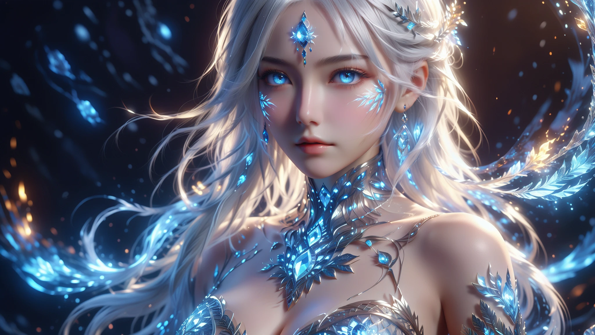 (A beautiful woman with iridescent opal skin, intricate detailed eyes, full lips, delicate facial features, long flowing hair, surrounded by a magical glowing aura, ethereal and otherworldly, highly detailed, cinematic lighting, dramatic lighting, fantasy, digital art, vibrant colors, jewel-toned, luminous, shimmering, glowing, mesmerizing, captivating)