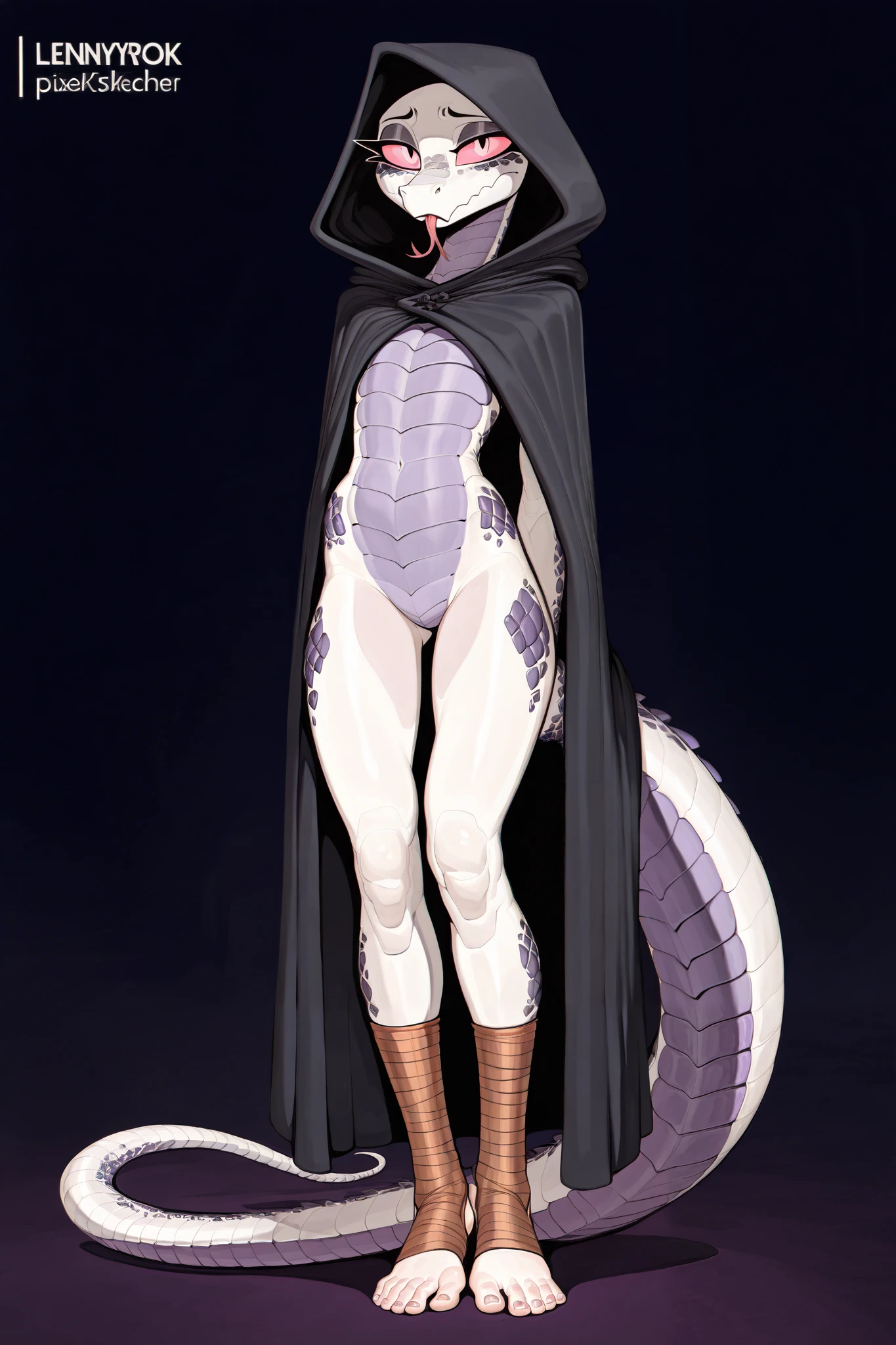 ((pixelsketcher)), ((lenyavok)), ((masterpiece)), ((high resolution)), ((solo portrait)), {(scalie), (attractive figure), (slim body), (beautiful legs), (lilac scales), (purple underbelly), (long tail), (purple spine scales), (small sharp eyebrows), (cute eyes), (pink sclera), (forked tongue)}, {(black hooded cloak), (hood on head), (brown tape around ankles), (stirrup socks)}, {(looking at viewer)},