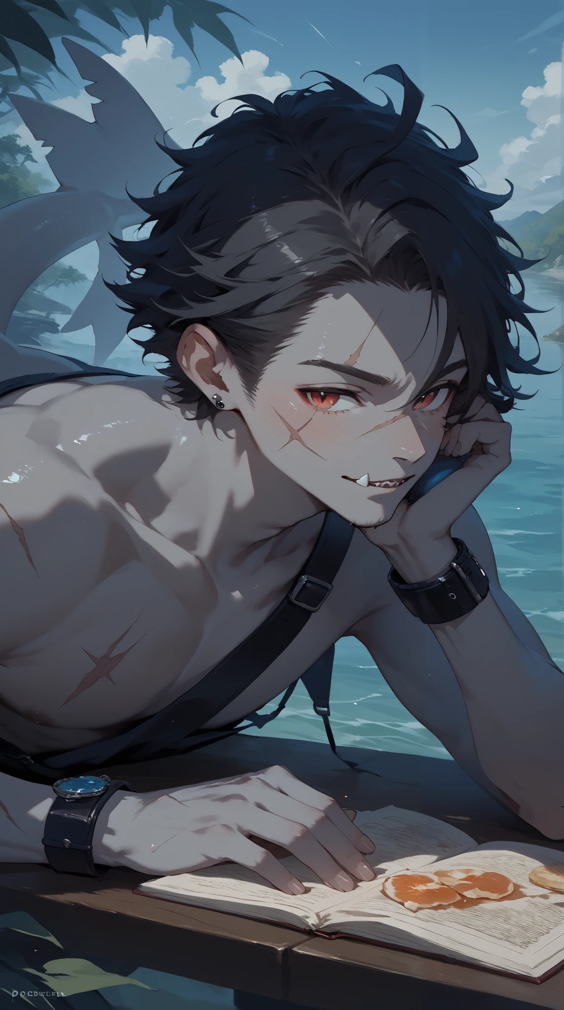 Japanese Anime,source_ furry , masterpiece, best quality, perfect , very beautiful , ultra-high resolution for detailed faces , rest , unique , 1 handsome boy, cute, jagged fangs , has a scar on its face , scarred body,Back fin , ( grey skin:1.1), Shark skin, ( dynamic posture),Short hair