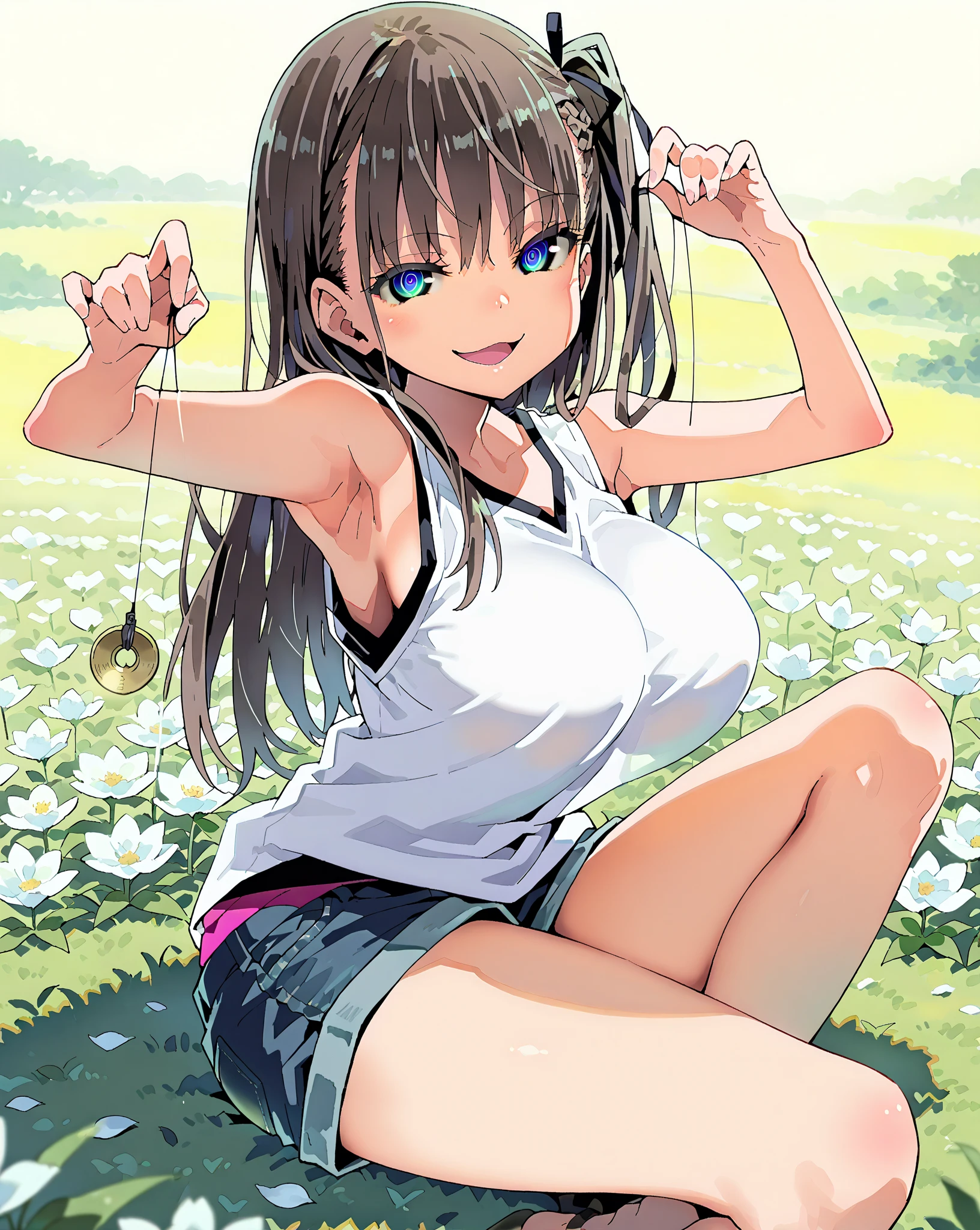 score_9, score_8_up, score_7_up, 1girl,solo, style asanagi, seduce,seductive, beautiful smile, smirk, breasts, large breasts, in flower field, she is holding a pendulum in one hand \(hypnotist holding a pendulum\), ((holding pendulum)), holding string, perfect hands, one hand up, side view, turning side, armpit focus, open mouth, smirk, looking at viewer, sitting on grass, masterpiece, high quality, absurd resolution, beautiful hands, ringed eyes, sleeveless, denim shorts, Maegami