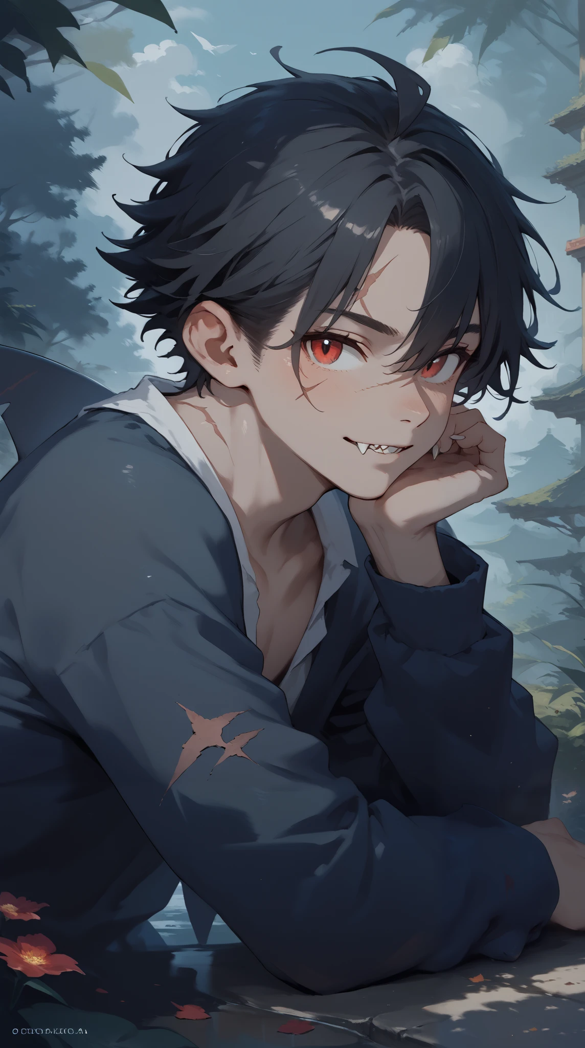 Japanese Anime,source_ furry , masterpiece, best quality, perfect anatomy , very beautiful , ultra-high resolution for detailed faces , rest , unique , 1 handsome boy, cute, jagged fangs , has a scar on its face , scarred body,Back fin , ( grey skin:1.1), Shark skin, ( dynamic posture),Short hair